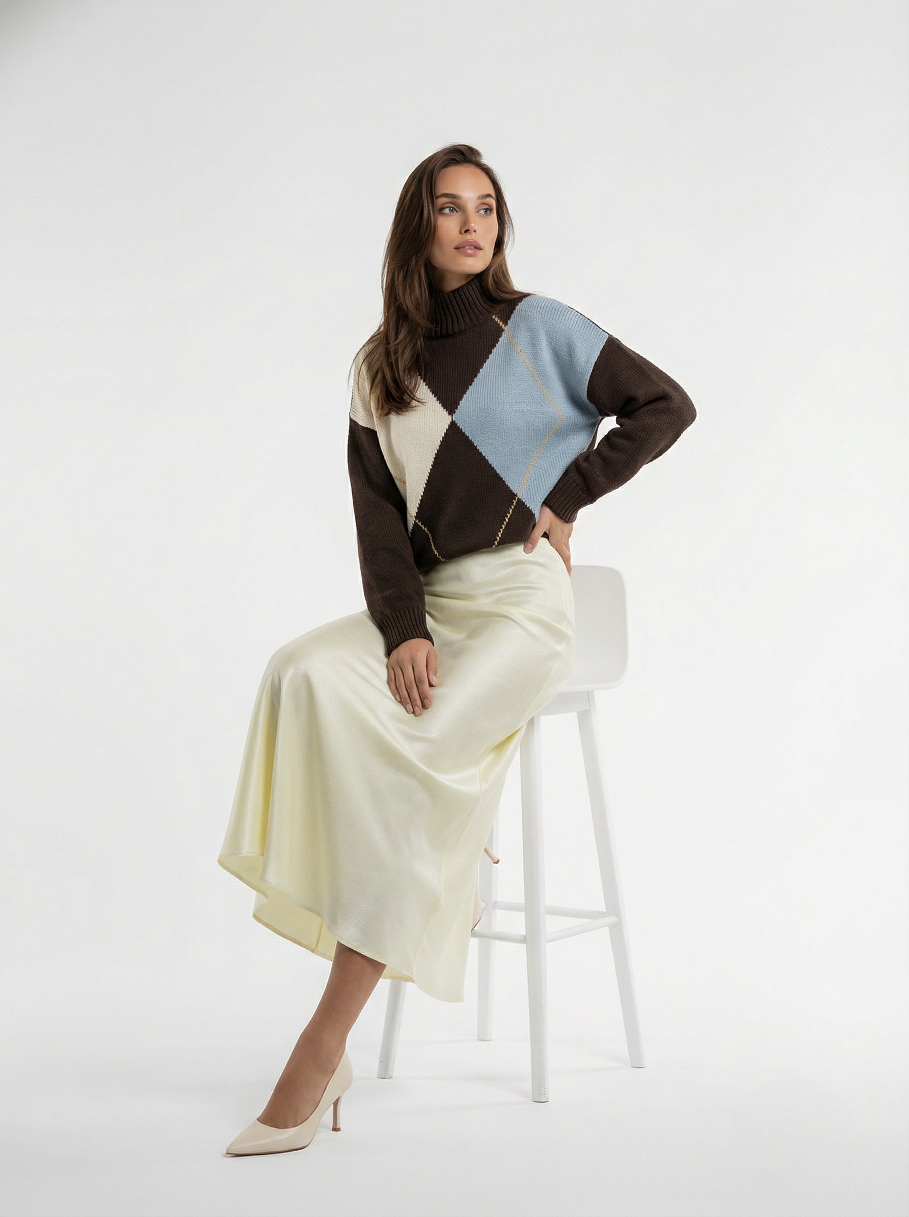 Mila – Pull caldo in lana con rombi Marrone donna