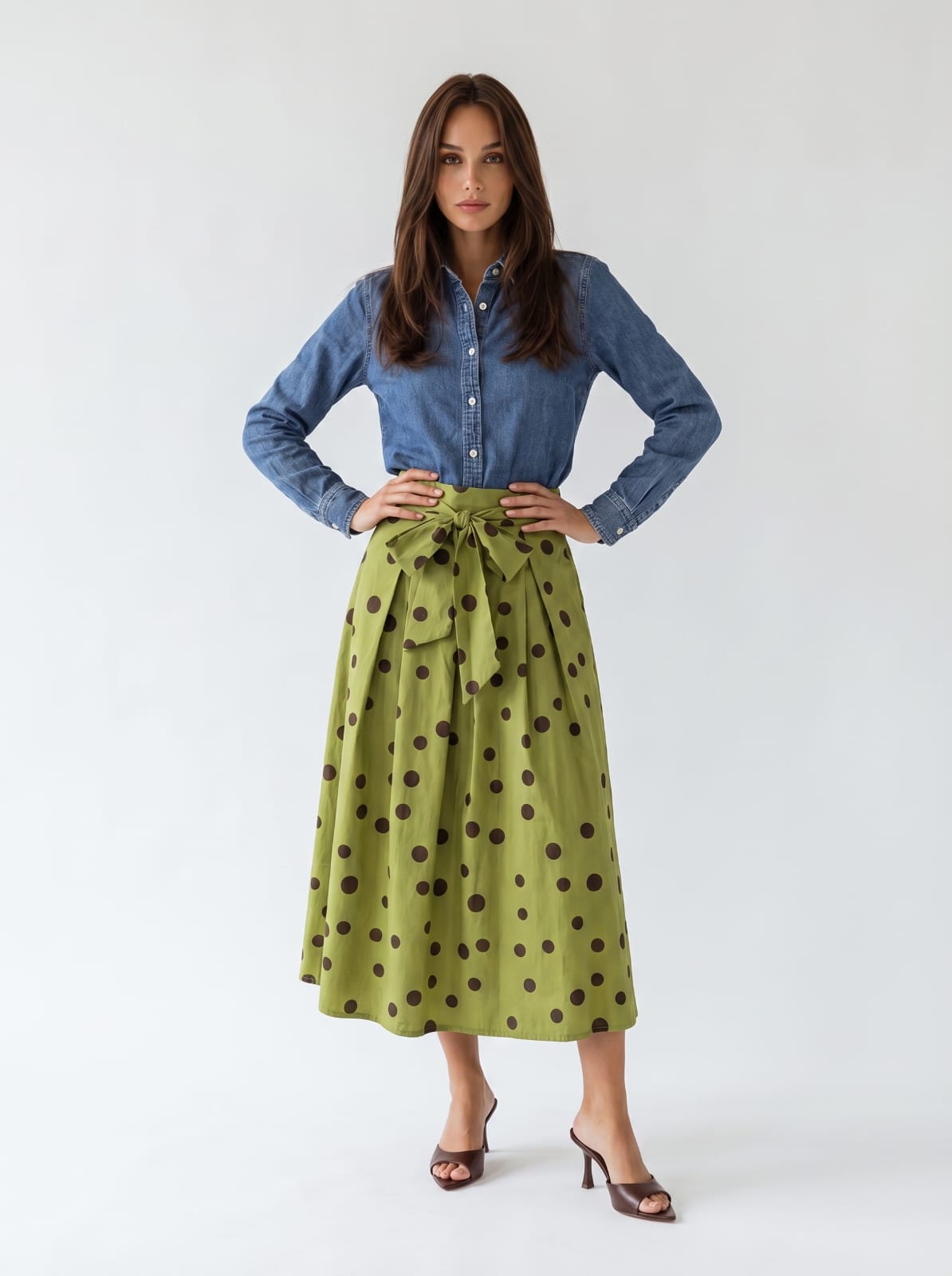 Gonna Camelia - verde pistacchio pois marrone donna
