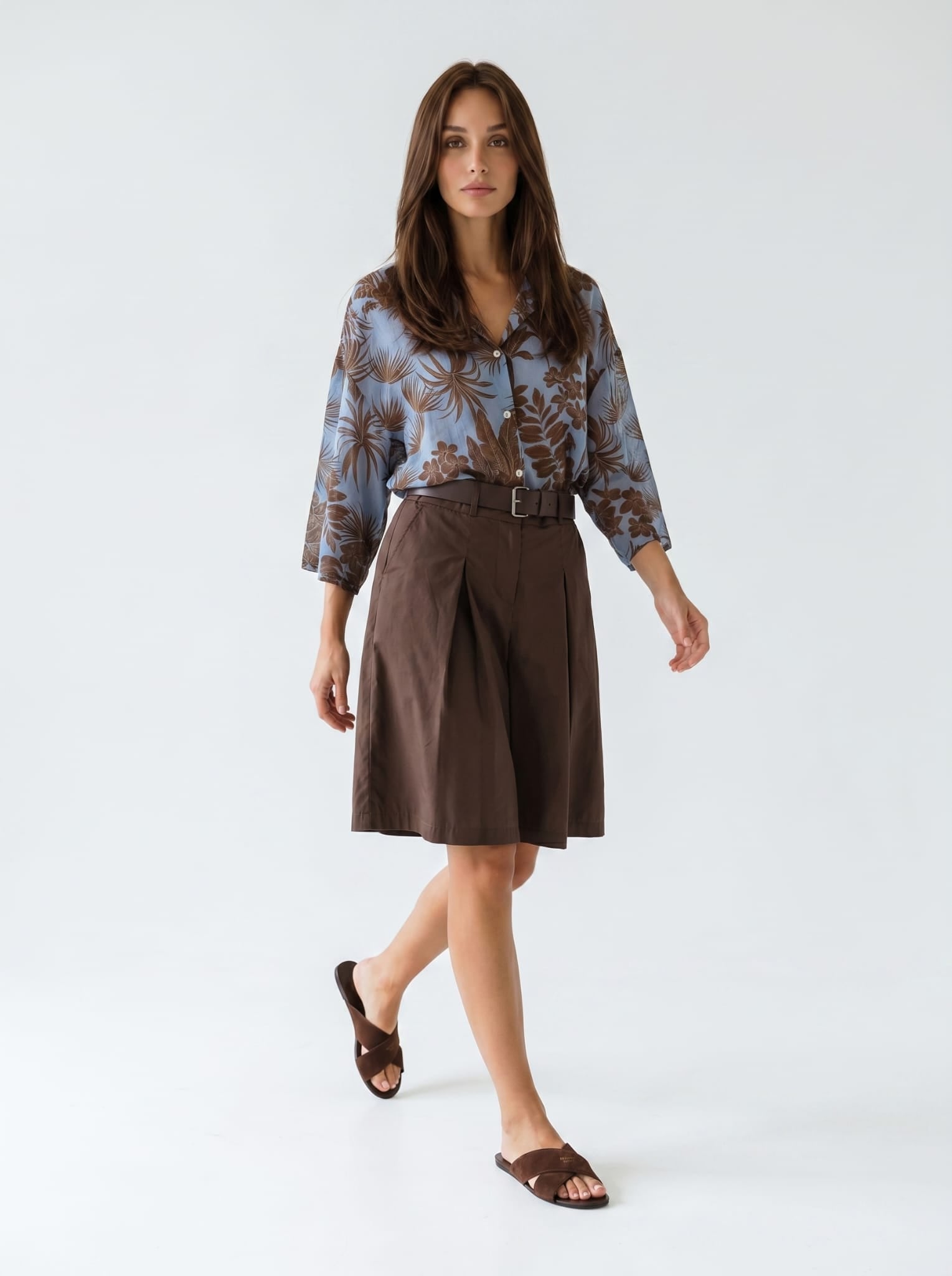 Camicia Tahiti - Azzurro foglie marrone donna