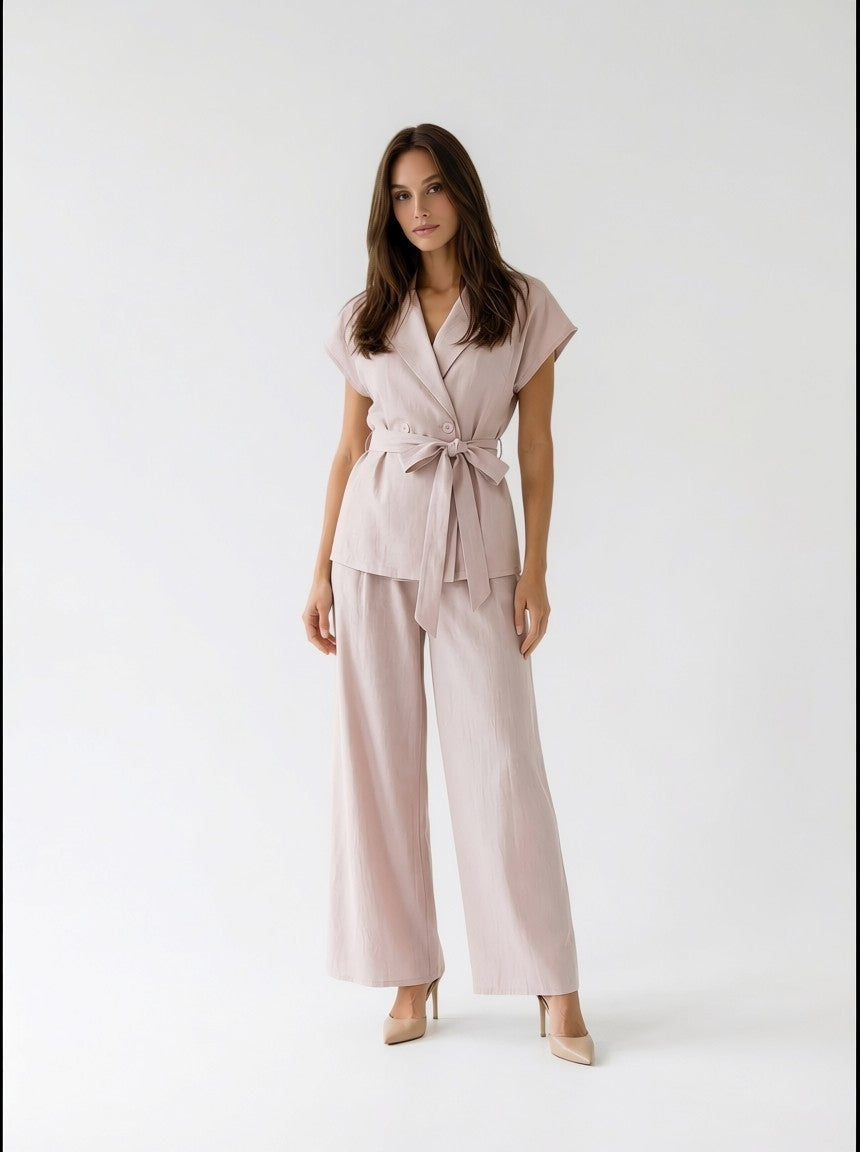 Coordinato Filet blazer doppiopetto e pantalone palazzo - rosa cipria donna