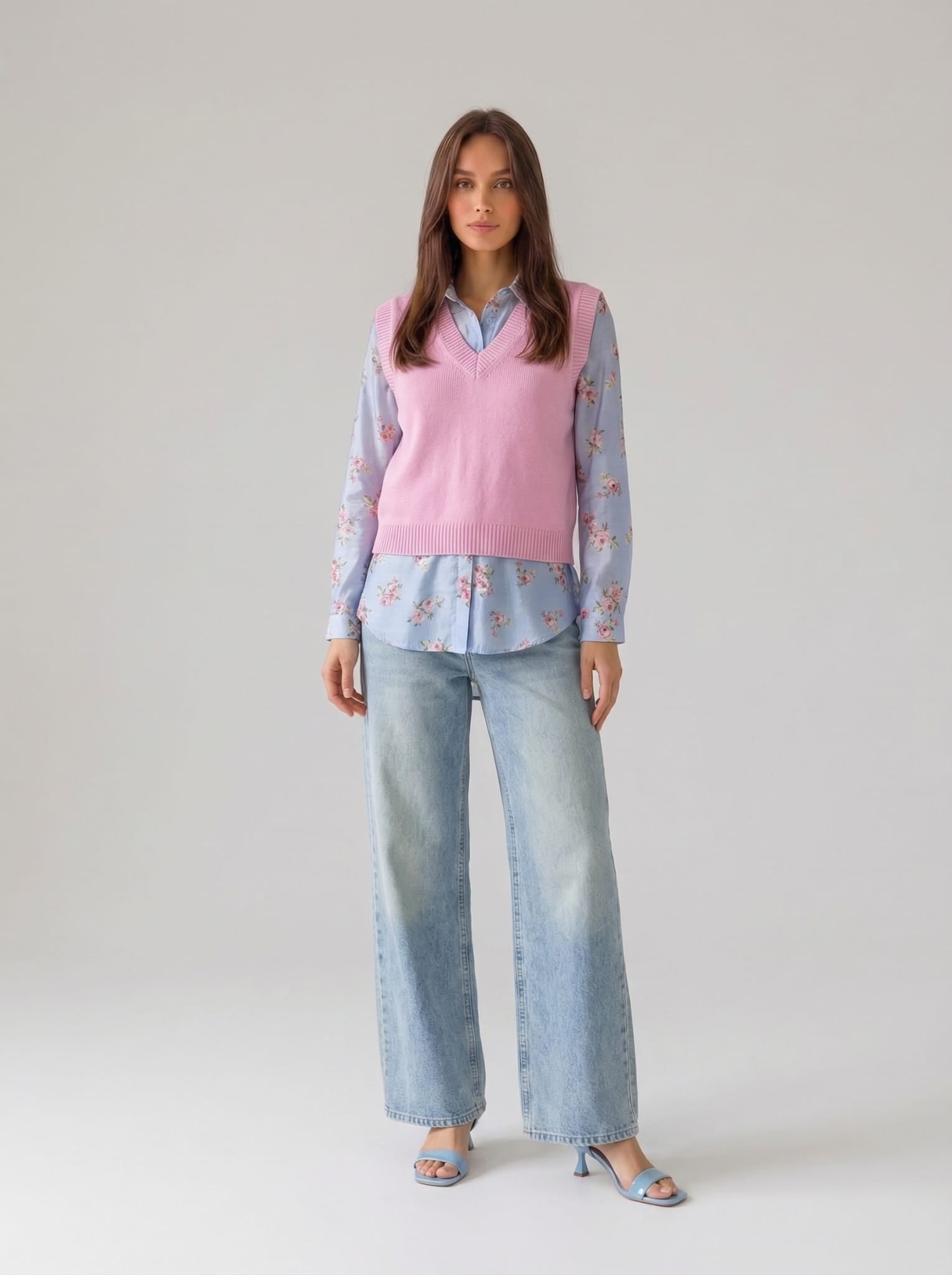 Camicia Liri - Azzurro fantasia fiori rosa donna