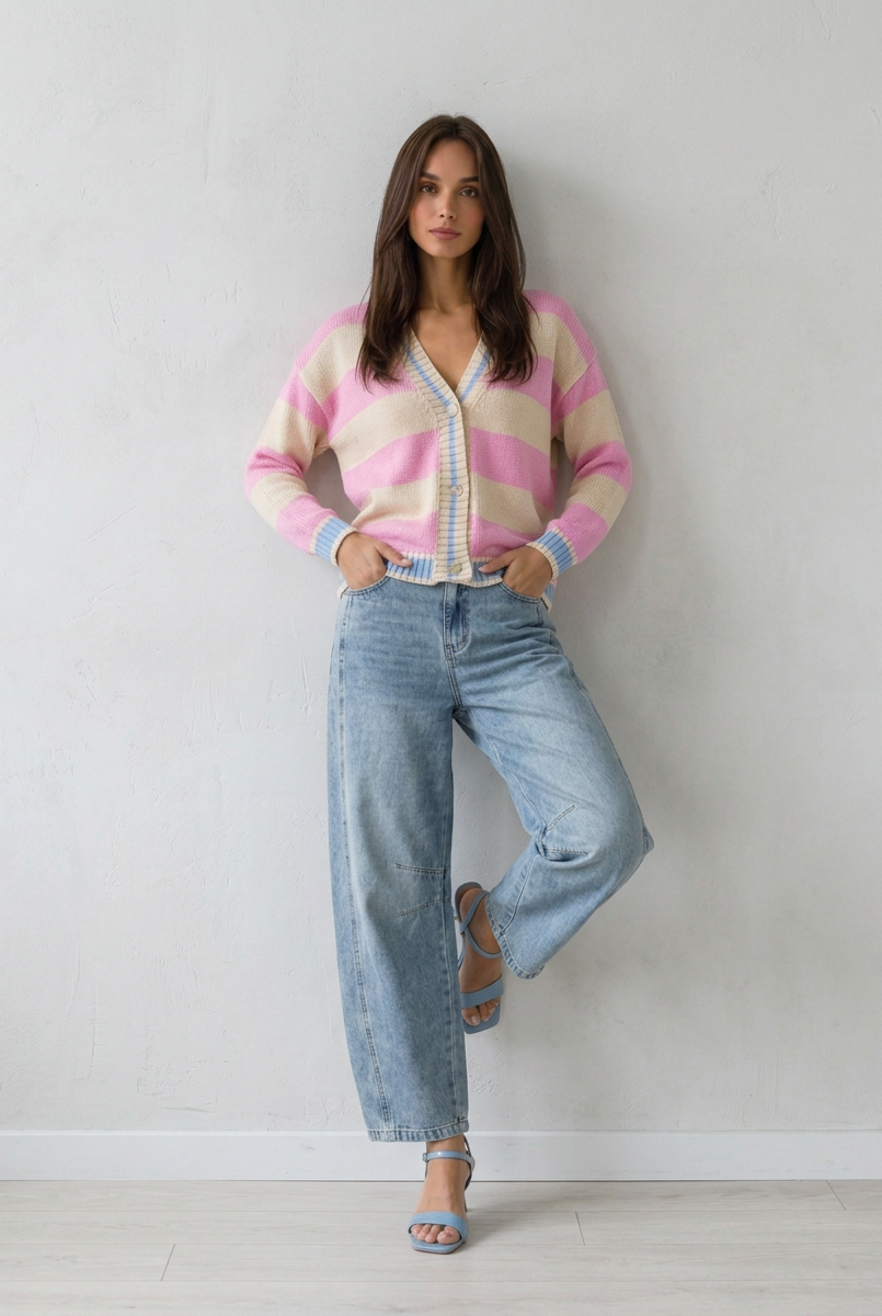 Cardigan Soleil - Rigato Rosa baby e burro donna