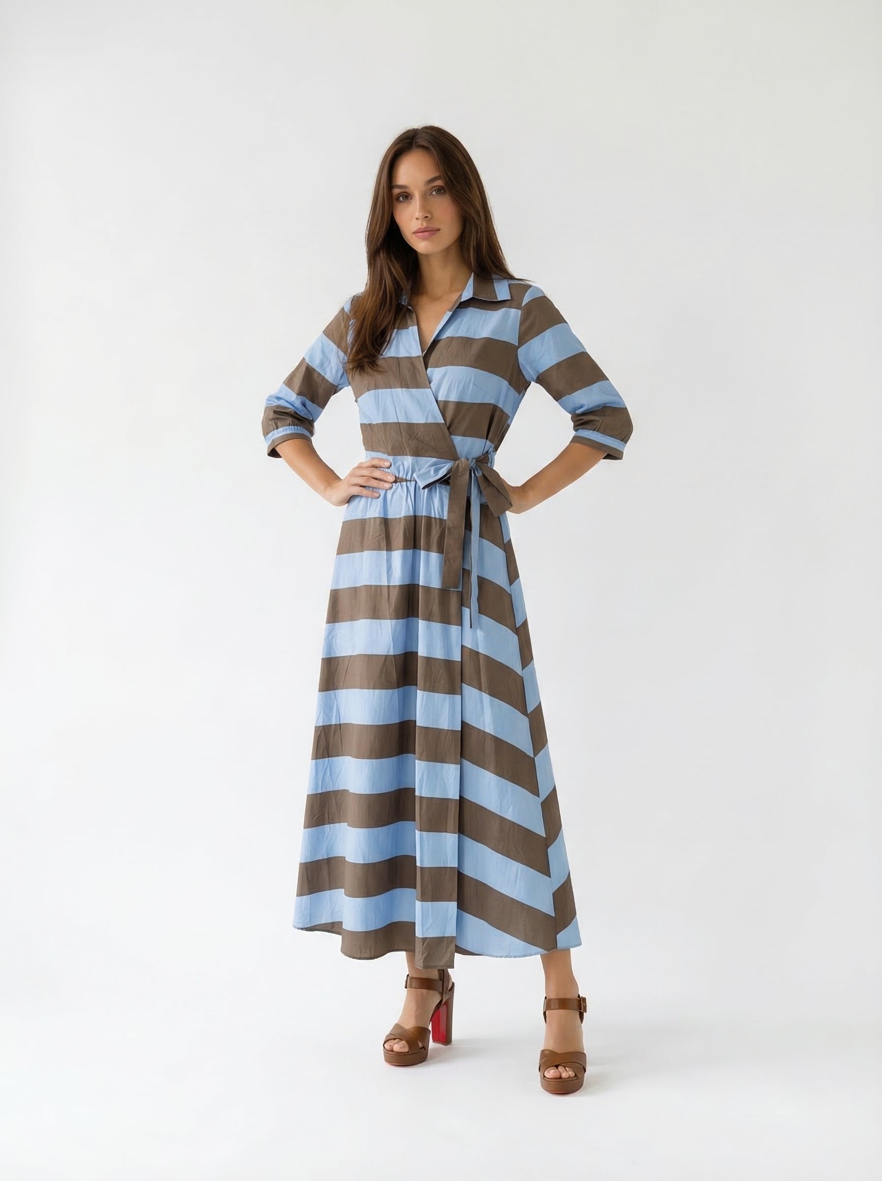 Abito Kyoto kimono a righe con cintura - azzurro e marrone donna