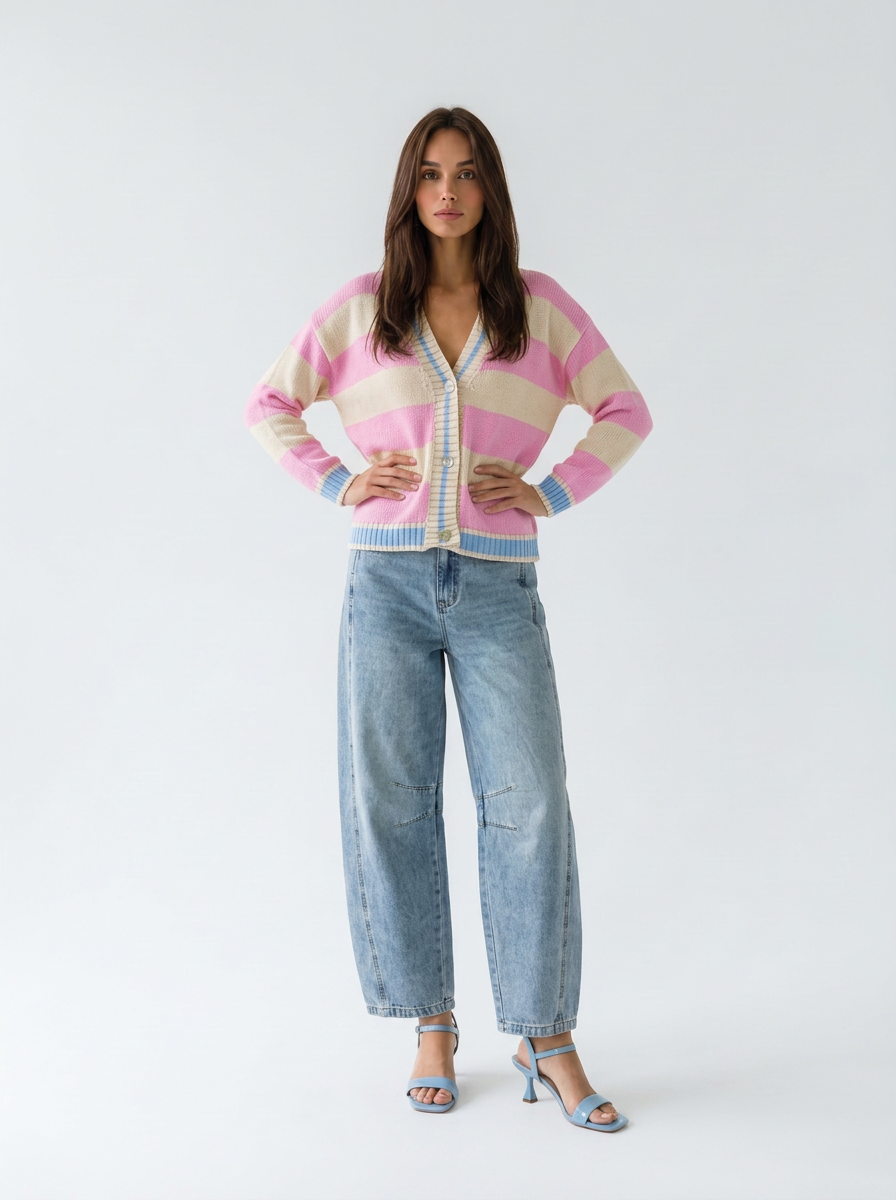 Cardigan Soleil - Rigato Rosa baby e burro donna