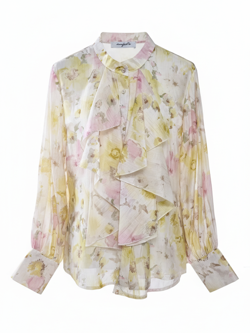 Camicia Iris con ruches e stampa floreale – Giallo donna