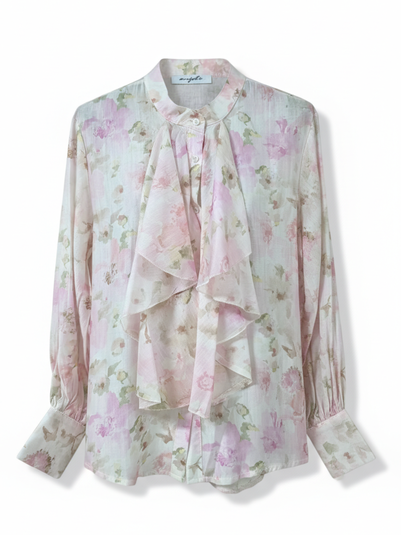 Camicia Iris con ruches e stampa floreale – Fiori rosa donna