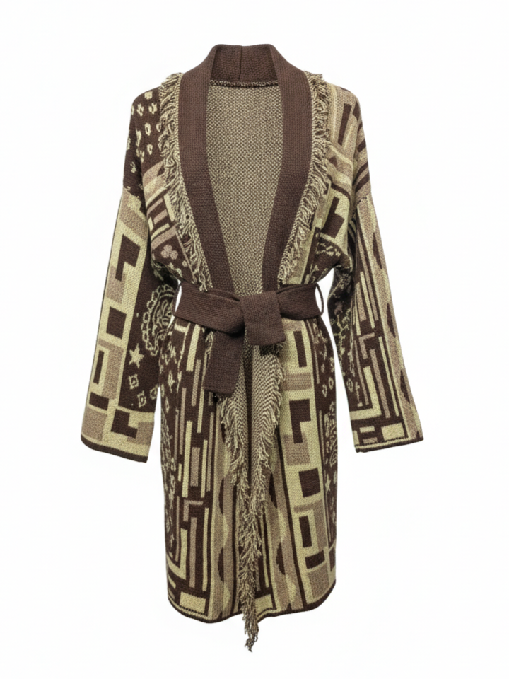 Cardigan Maya lungo con cintura – Marrone e beige donna