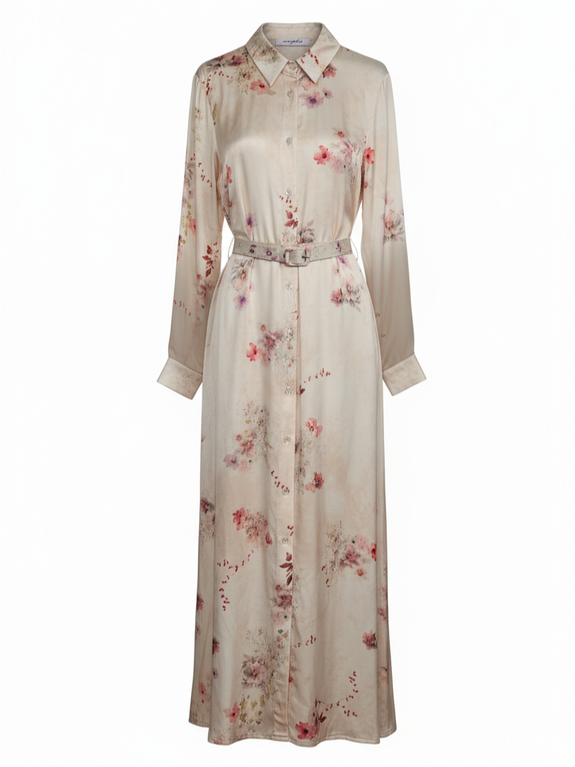 Chemisier Aurora lungo fantasia floreale con cintura – Beige donna