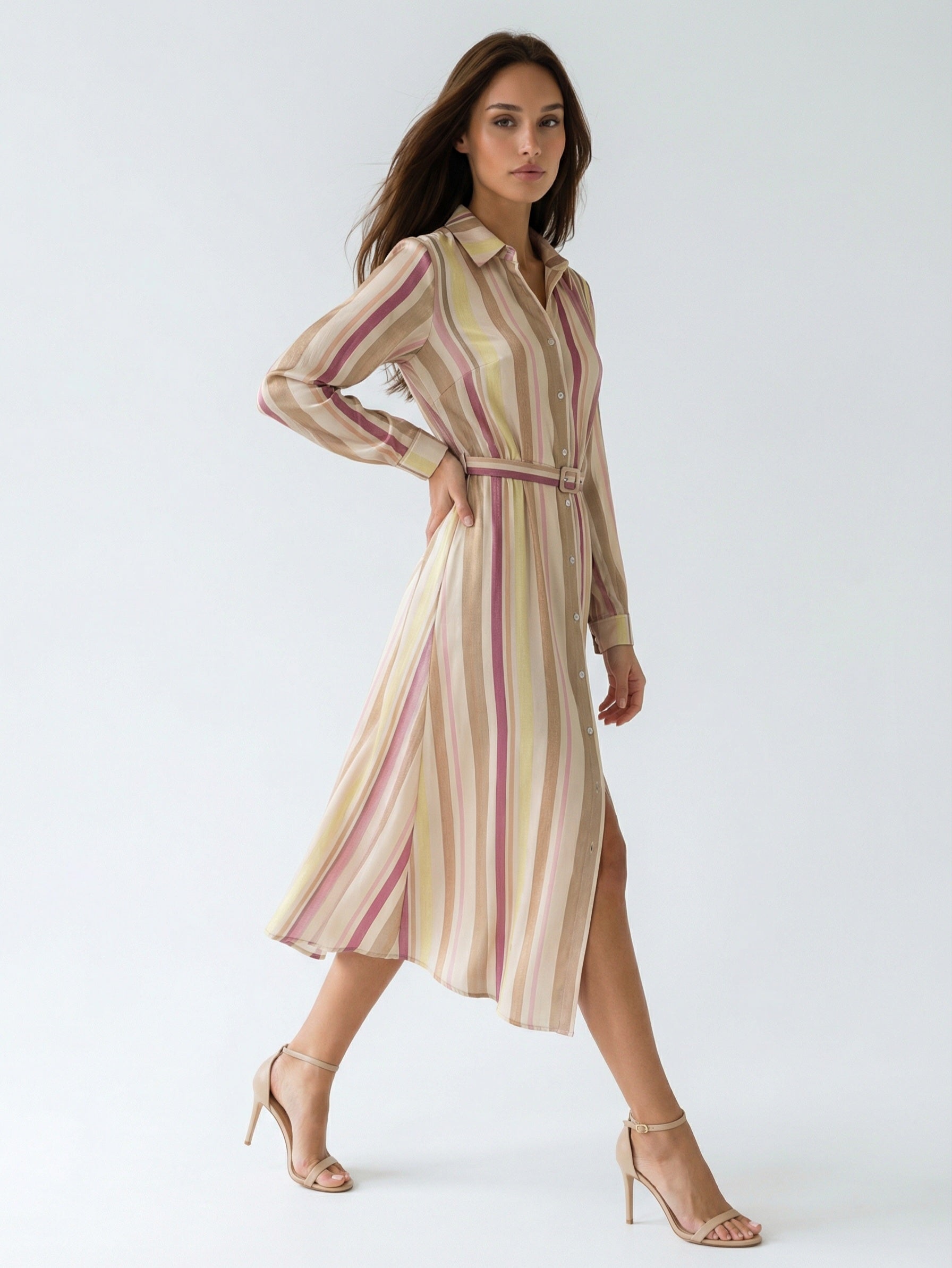 Chemisier Aurora lungo a righe con cintura – Multicolor donna