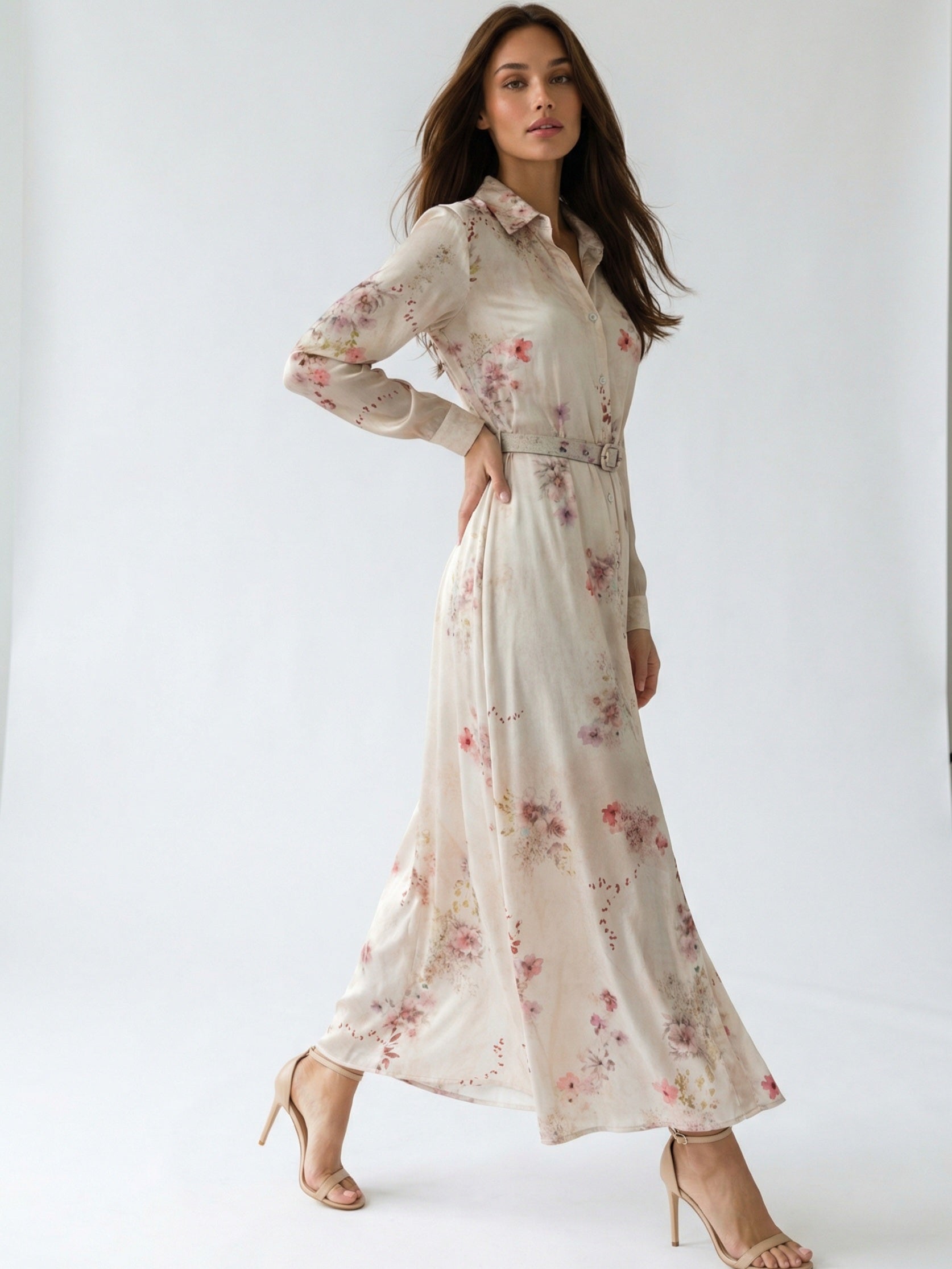 Chemisier Aurora lungo fantasia floreale con cintura – Beige donna