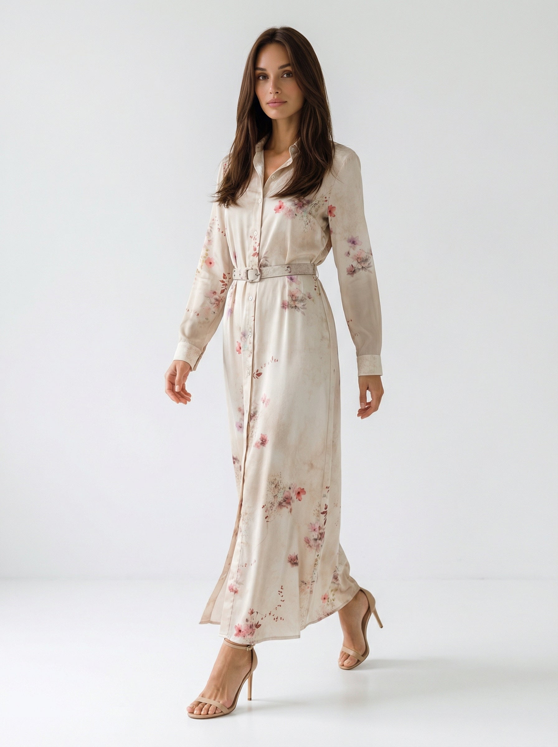 Chemisier Aurora lungo fantasia floreale con cintura – Beige donna