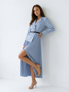 Abito Flavia plissé con effetto giacca – Celeste Polvere donna