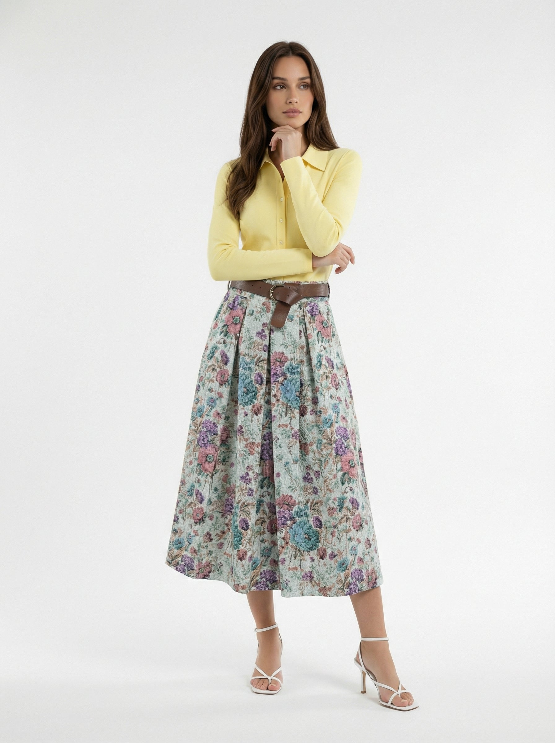 Gonna Clarissa midi fantasia floreale - Azzurro polvere e verde bosco donna