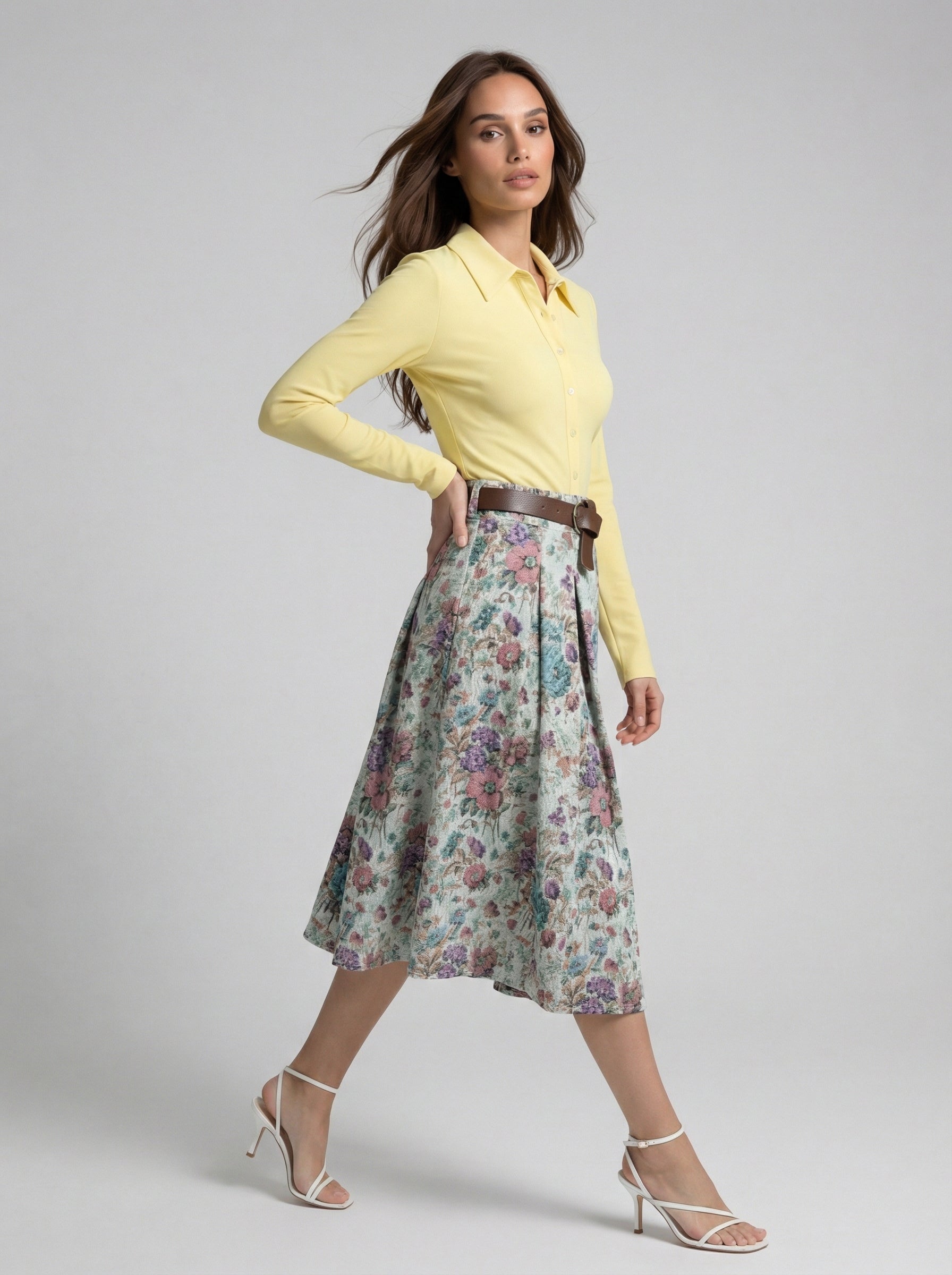 Gonna Clarissa midi fantasia floreale - Azzurro polvere e verde bosco donna