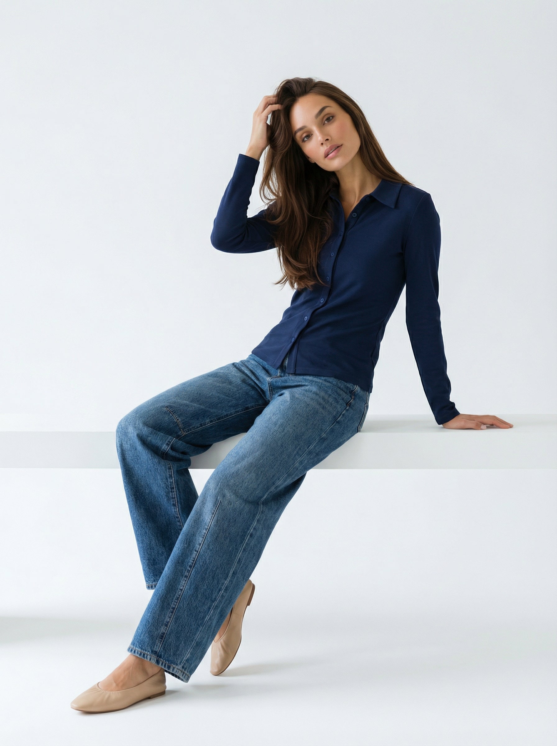 Camicia Elisa stretch manica lunga – Blu donna