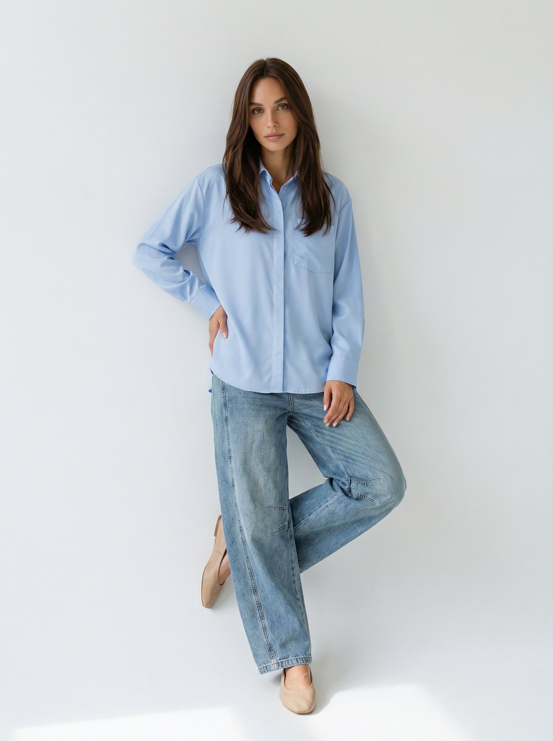 Camicia Emily over con tasca – Celeste donna