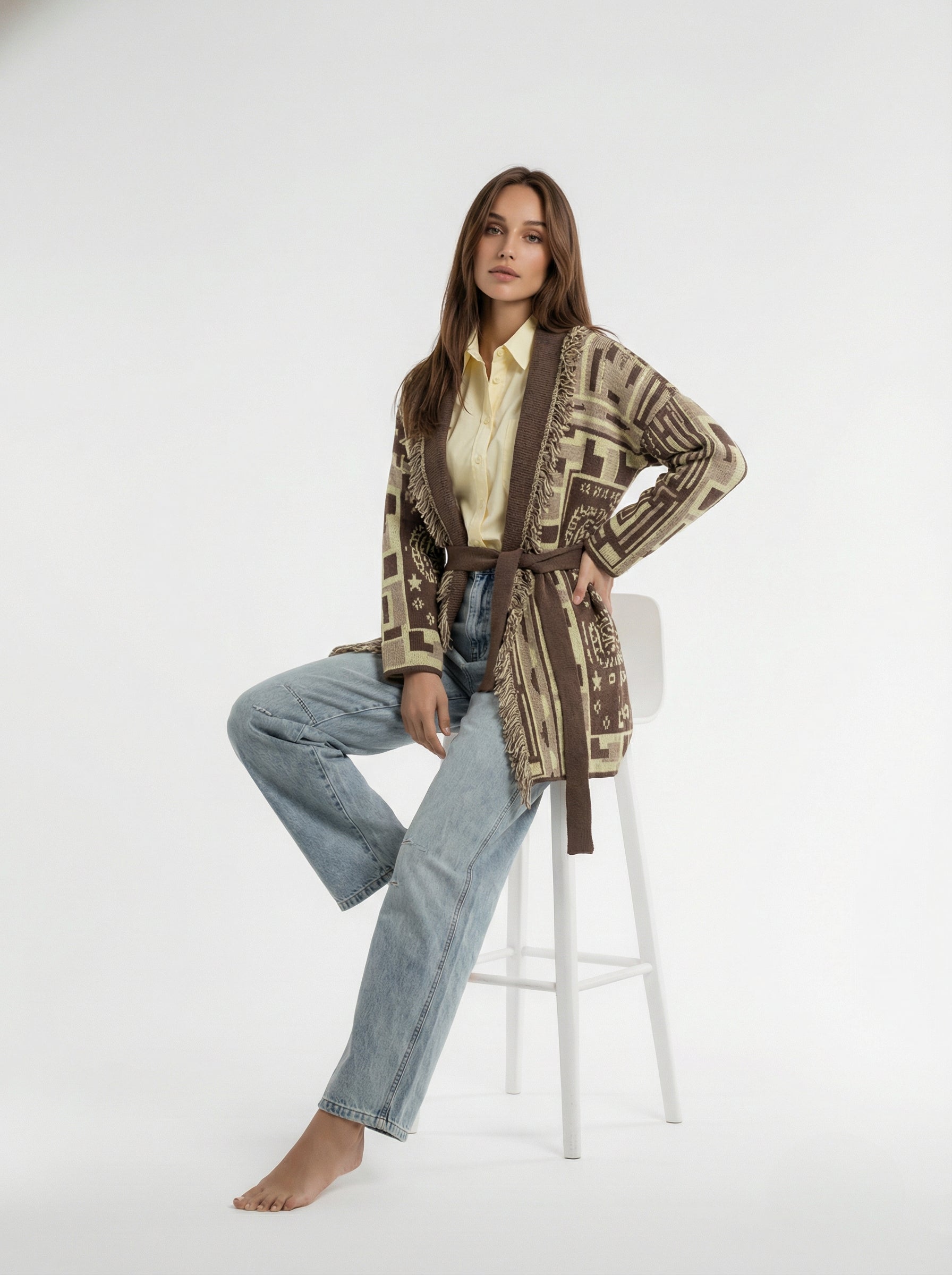 Cardigan Maya lungo con cintura – Marrone e beige donna