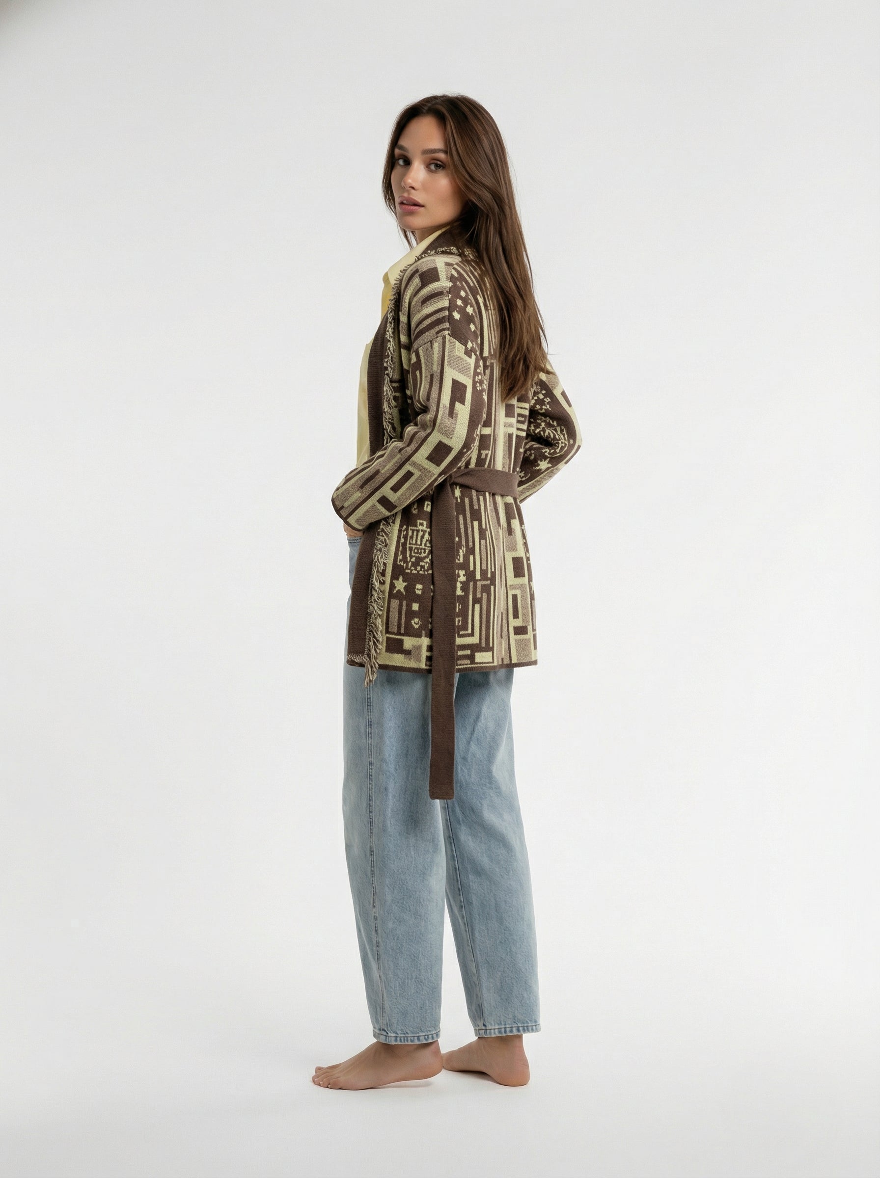 Cardigan Maya lungo con cintura – Marrone e beige donna