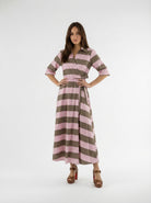 Abito Kyoto kimono a righe con cintura - rosa e marrone donna