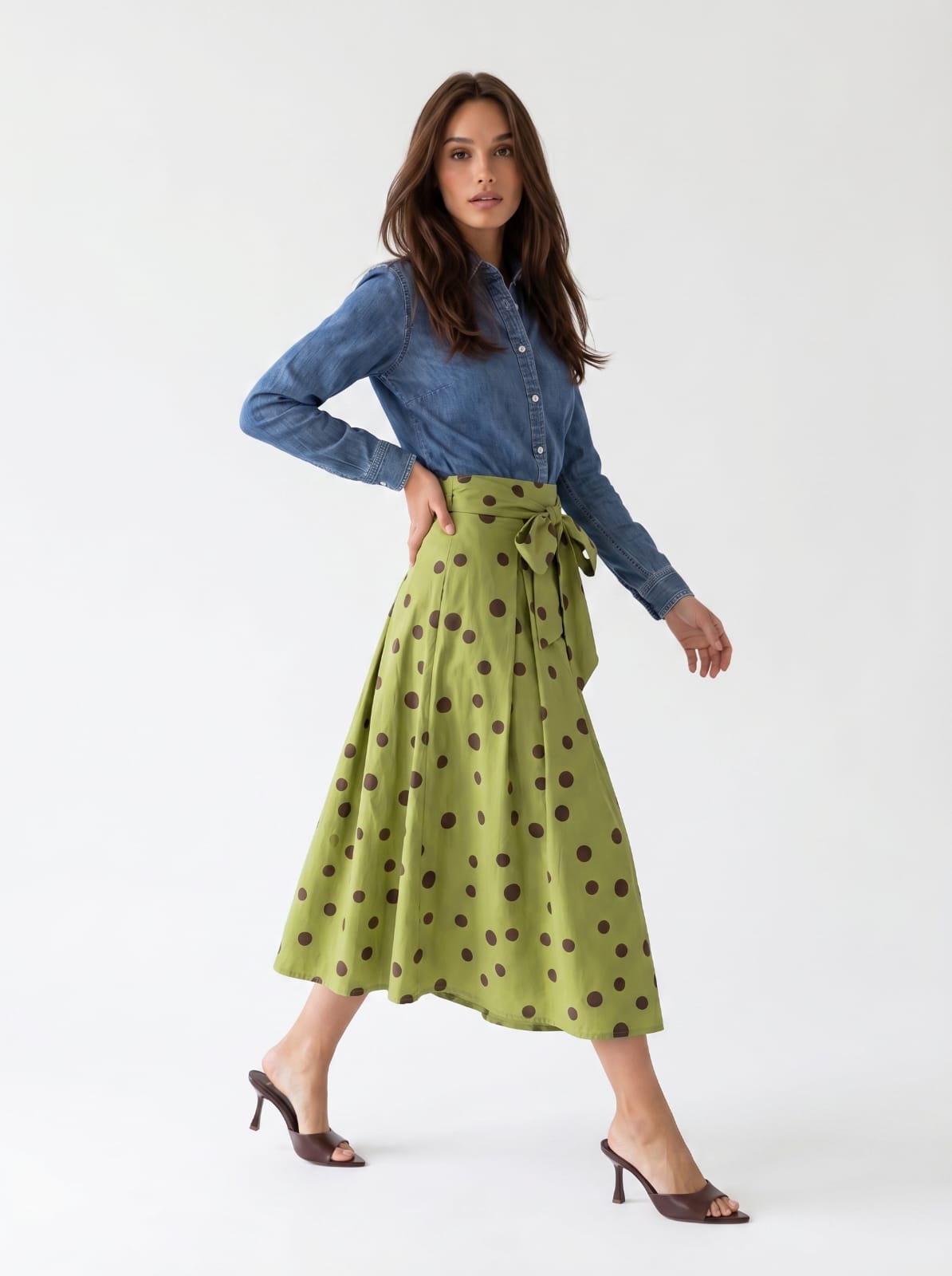 Gonna Camelia - verde pistacchio pois marrone donna