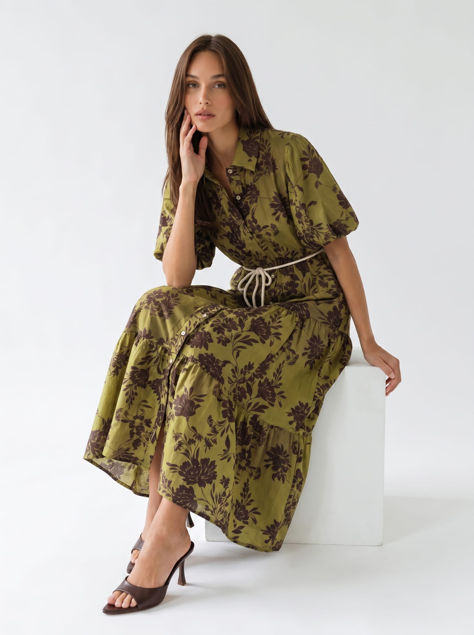 Abito Flavia - Pistacchio fiori marrone donna