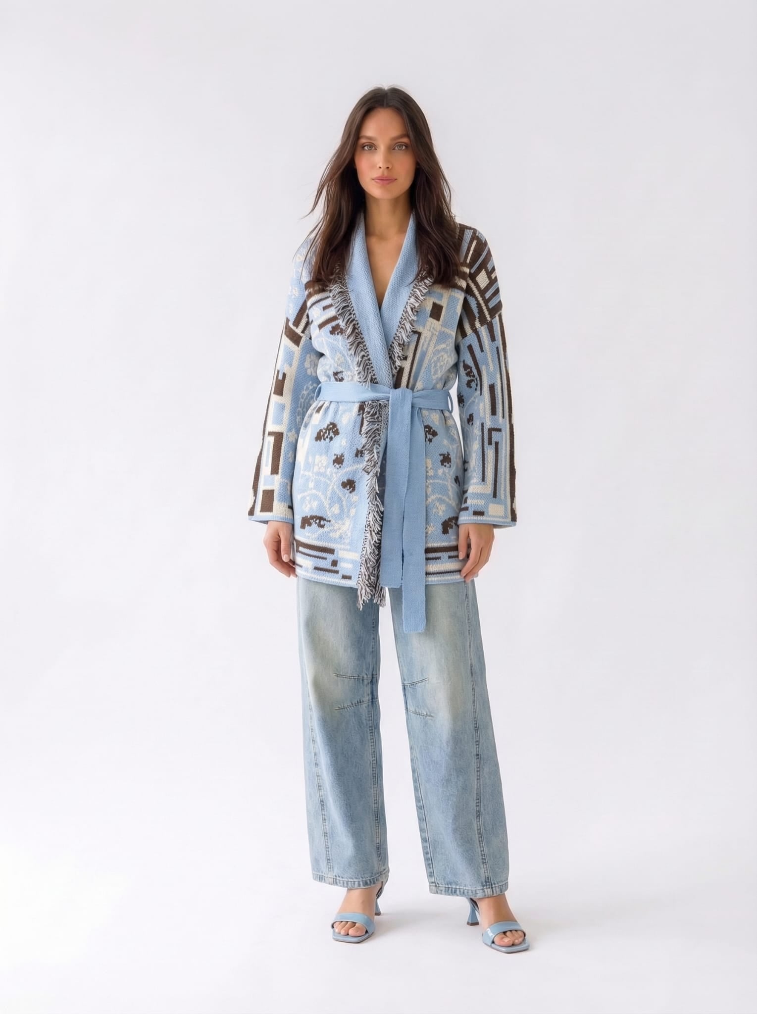 Cardigan Maya lungo con cintura – Celeste e marrone donna