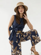 Pantalone Marbella - fantasia foliage blu e beige donna