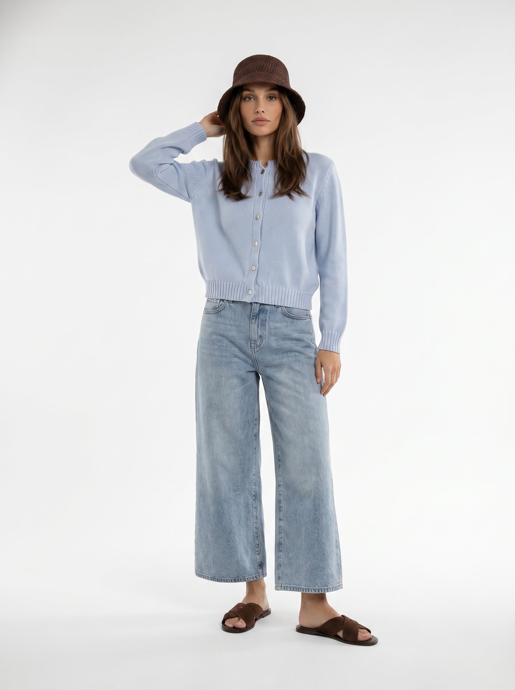 Cardigan Adele girocollo con bottoni – Celeste donna