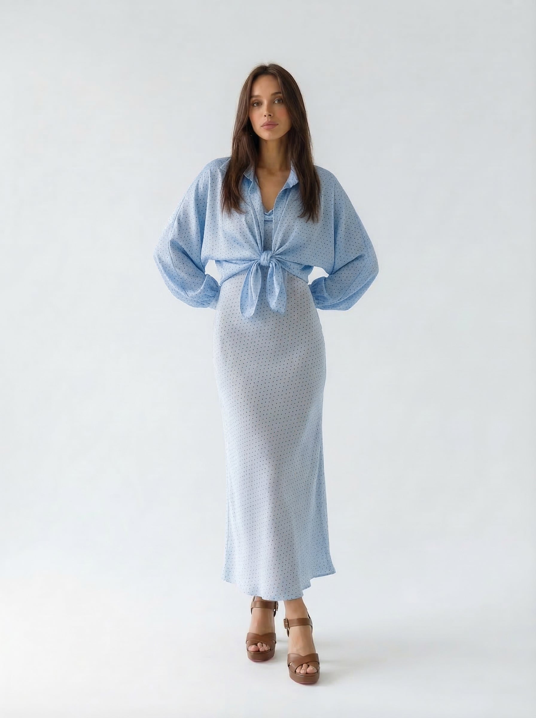Coordinato Liria abito lungo e camicia kimono pois - azzurro donna