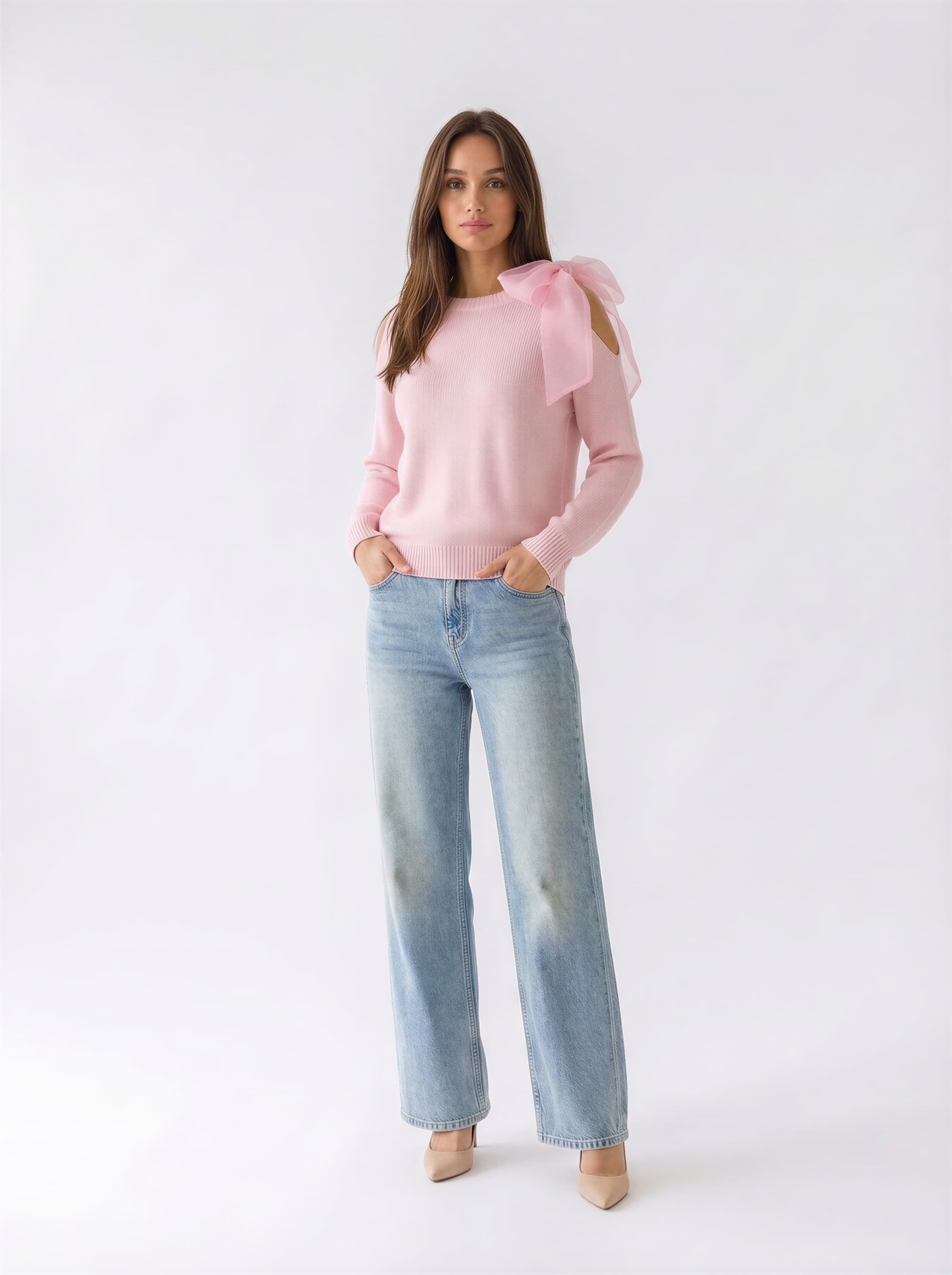 Pull Nives con fiocco in organza - Rosa donna