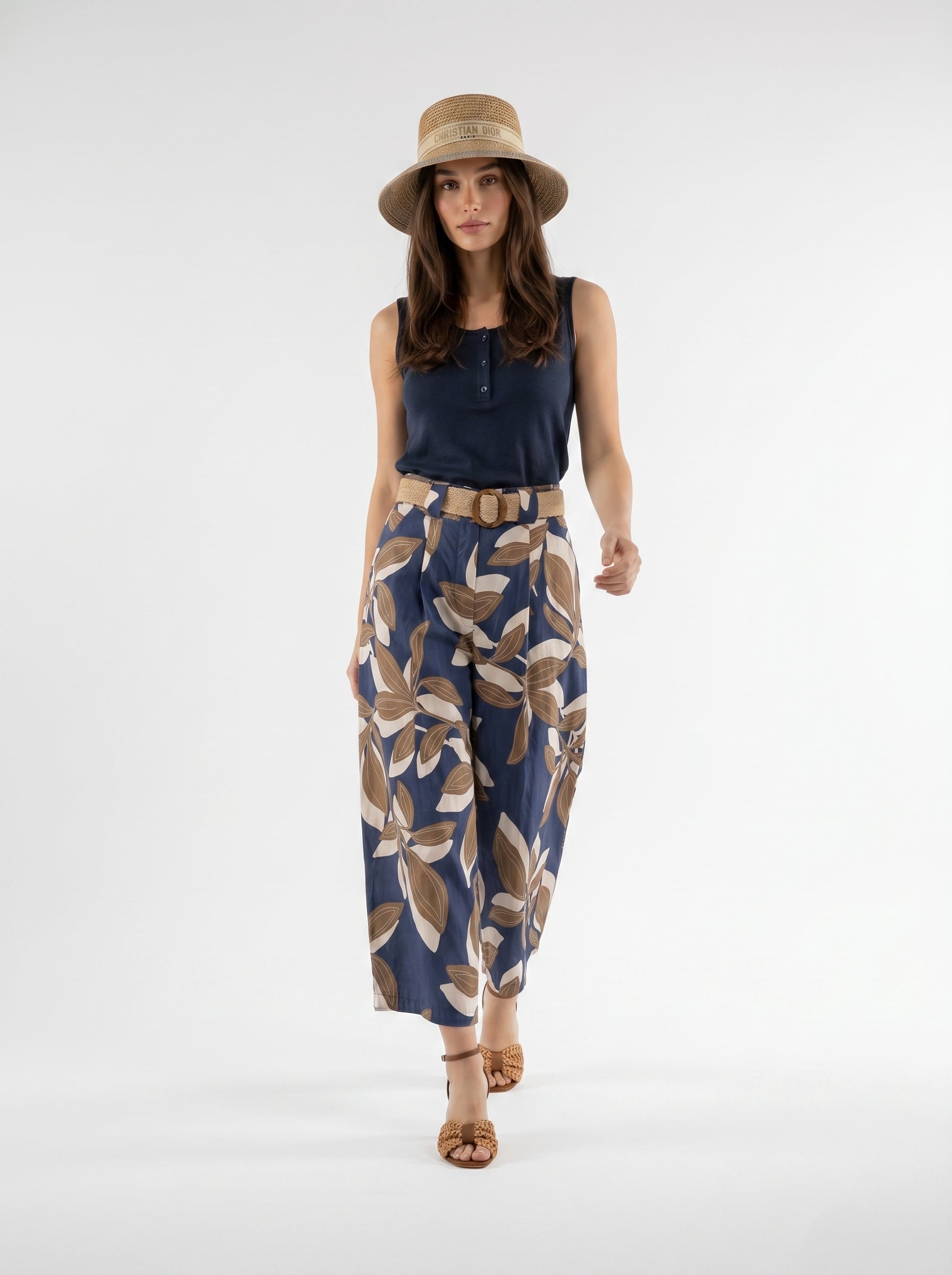 Pantalone Marbella - fantasia foliage blu e beige donna