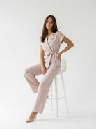 Coordinato Filet blazer doppiopetto e pantalone palazzo - rosa cipria donna