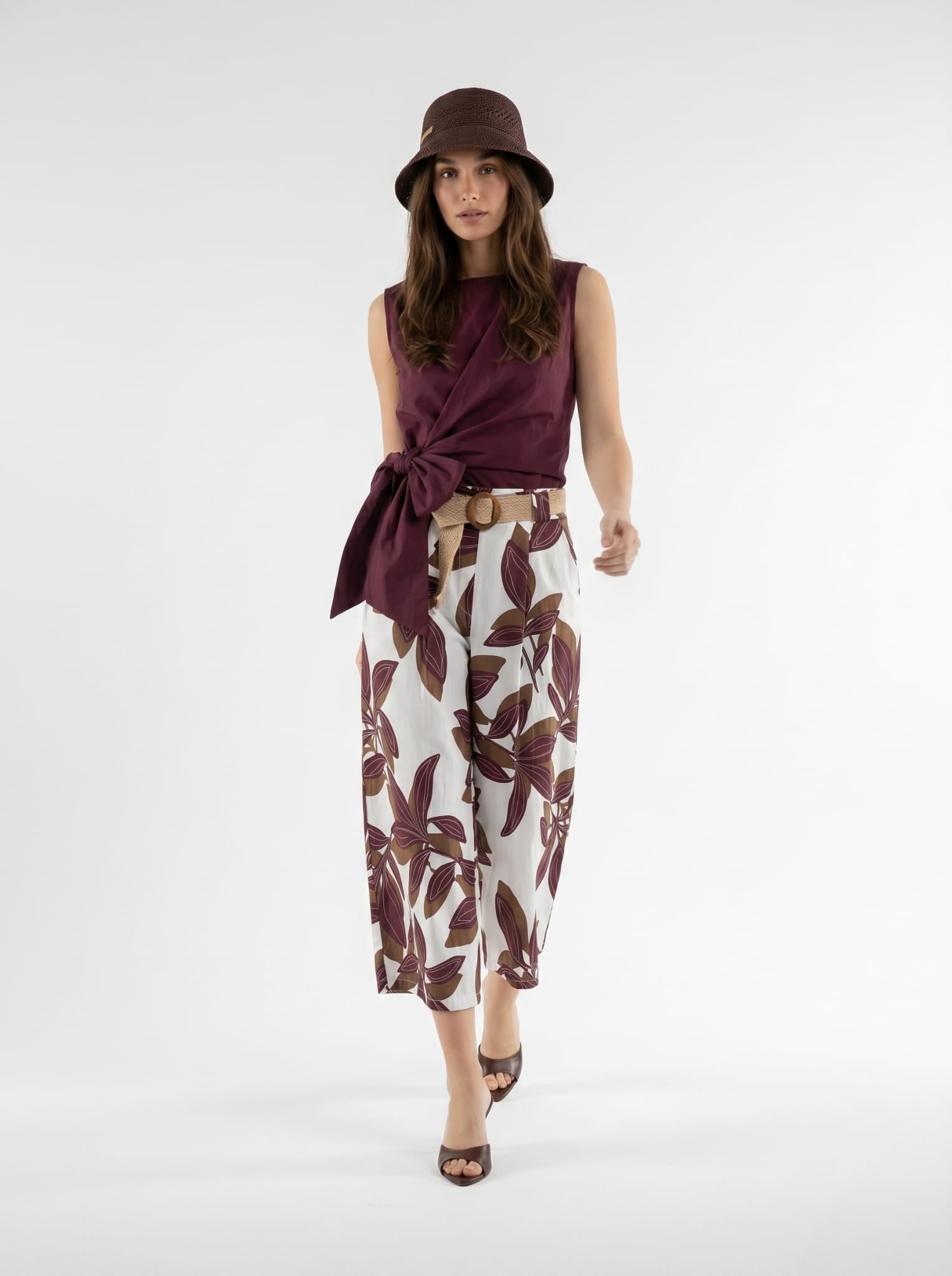 Pantalone Marbella - fantasia foliage bordeaux e beige donna
