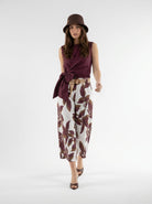 Pantalone Marbella - fantasia foliage bordeaux e beige donna