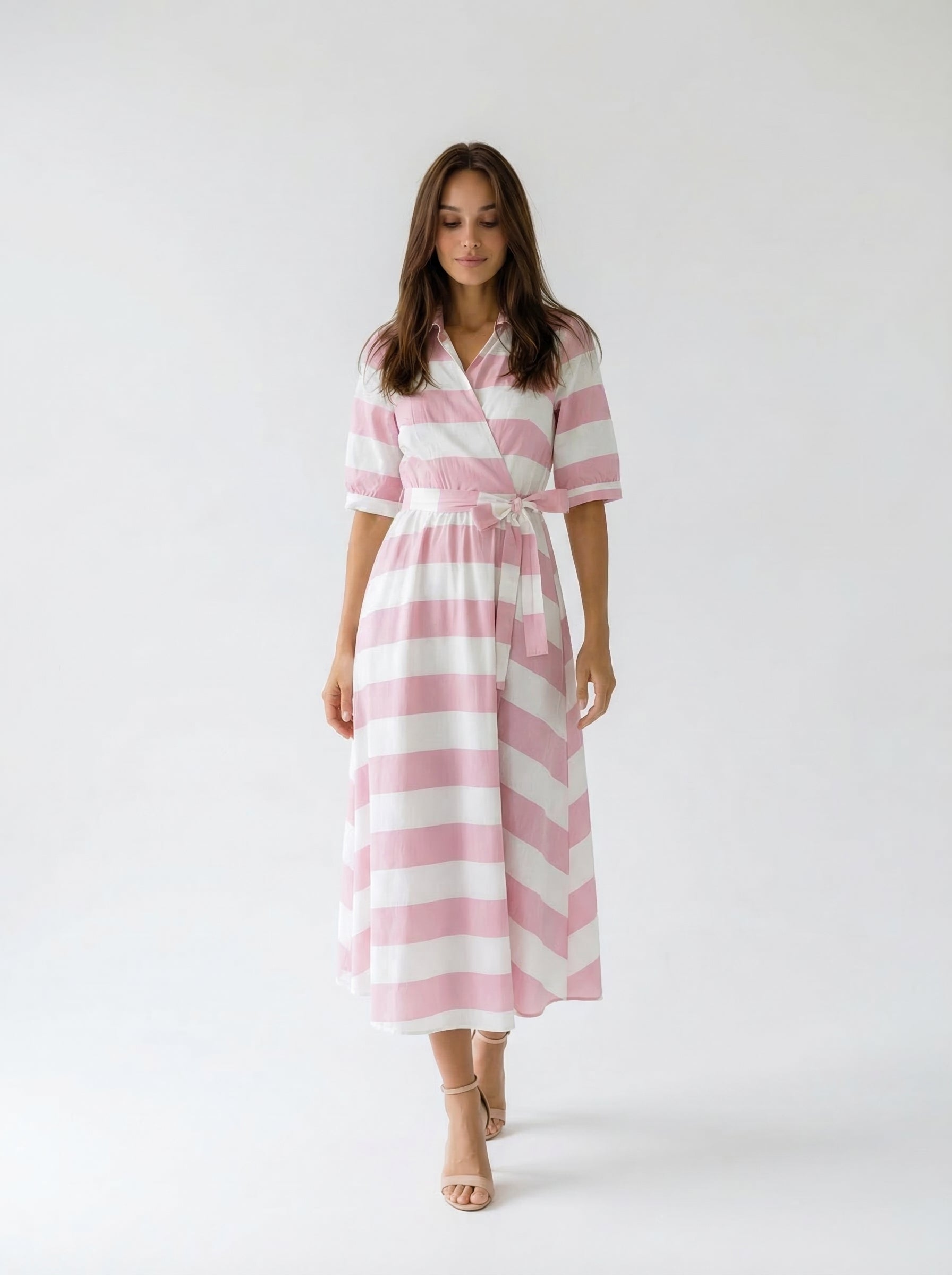 Abito Kyoto kimono a righe con cintura - rosa e burro donna