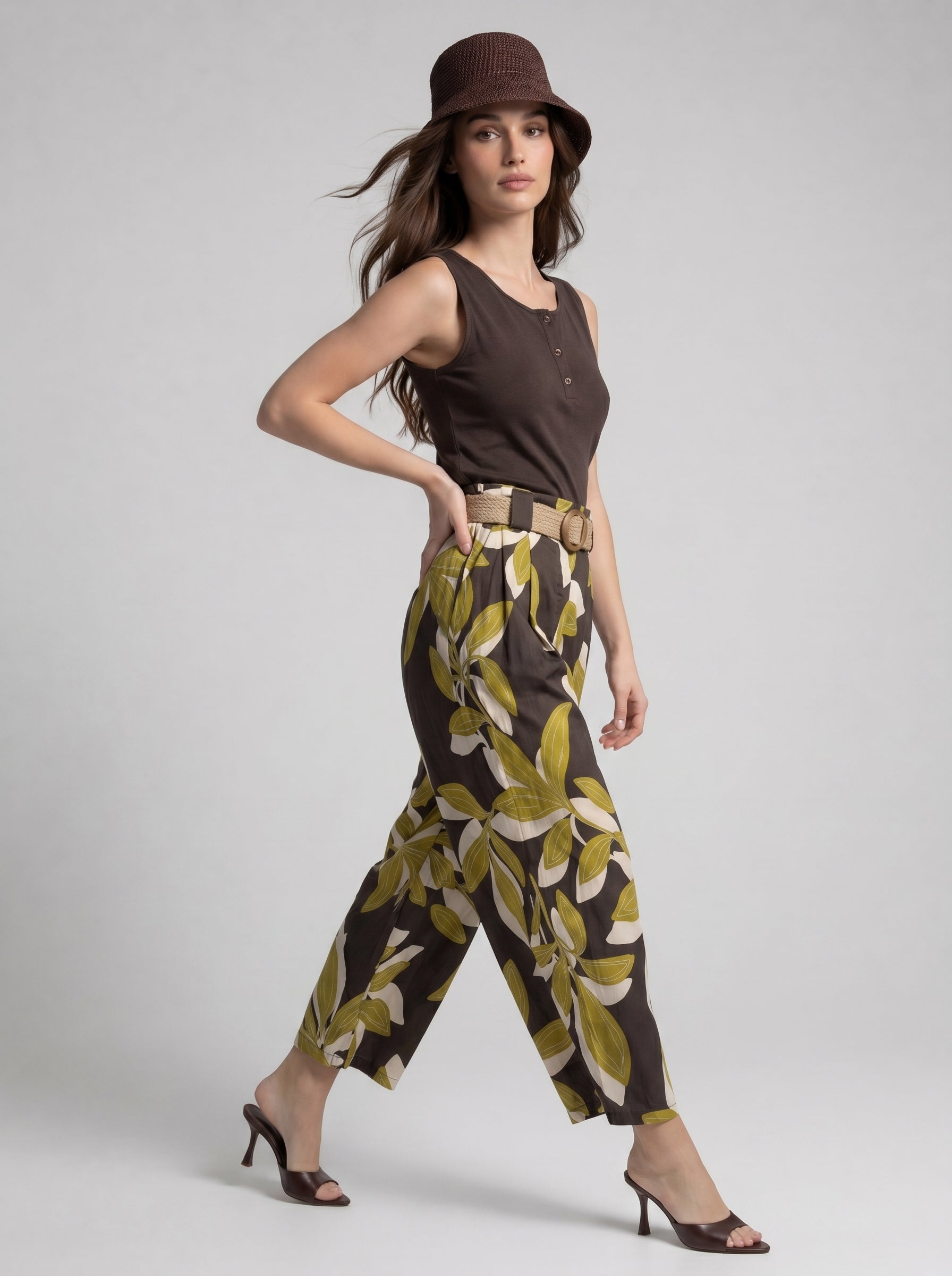 Pantalone Marbella - fantasia foliage moro e lime donna