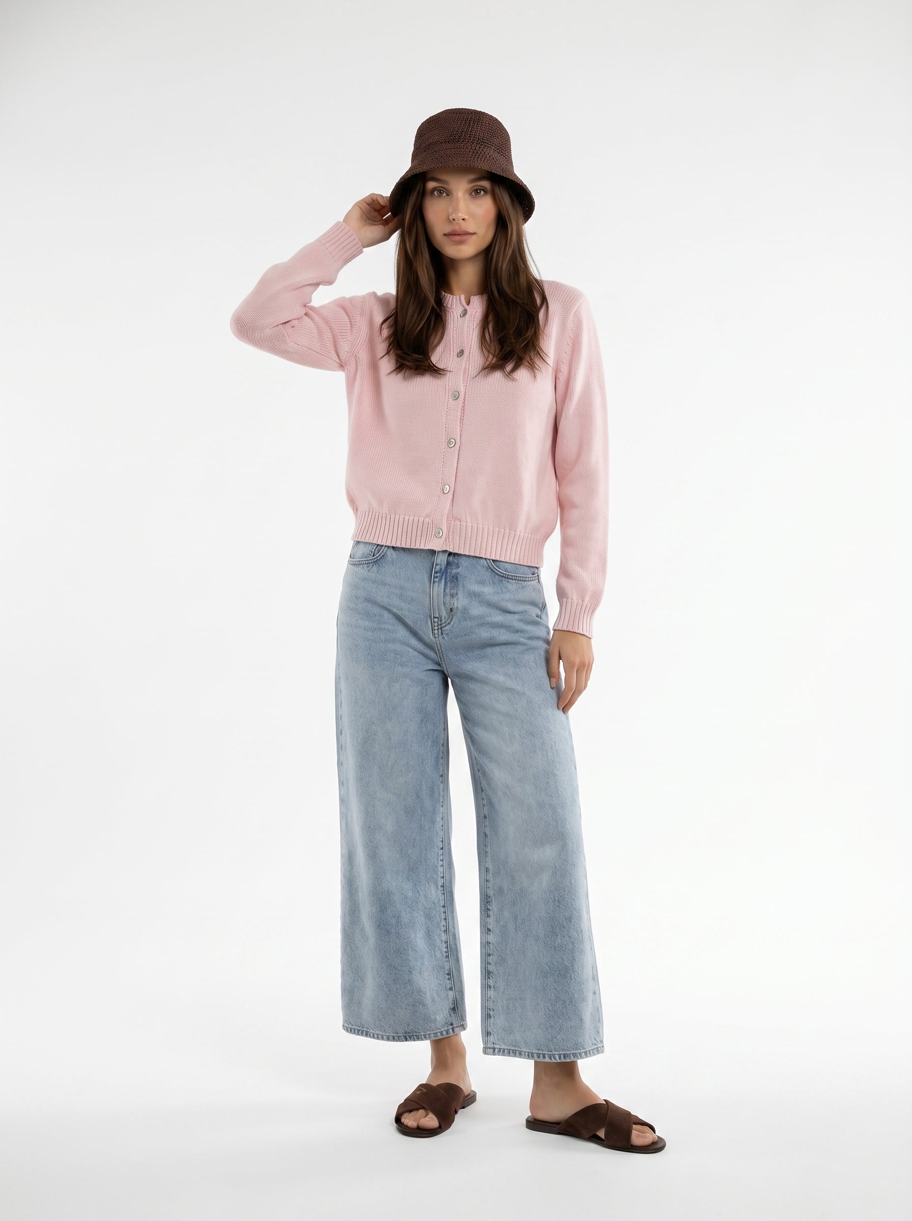 Cardigan Adele girocollo con bottoni – Rosa donna