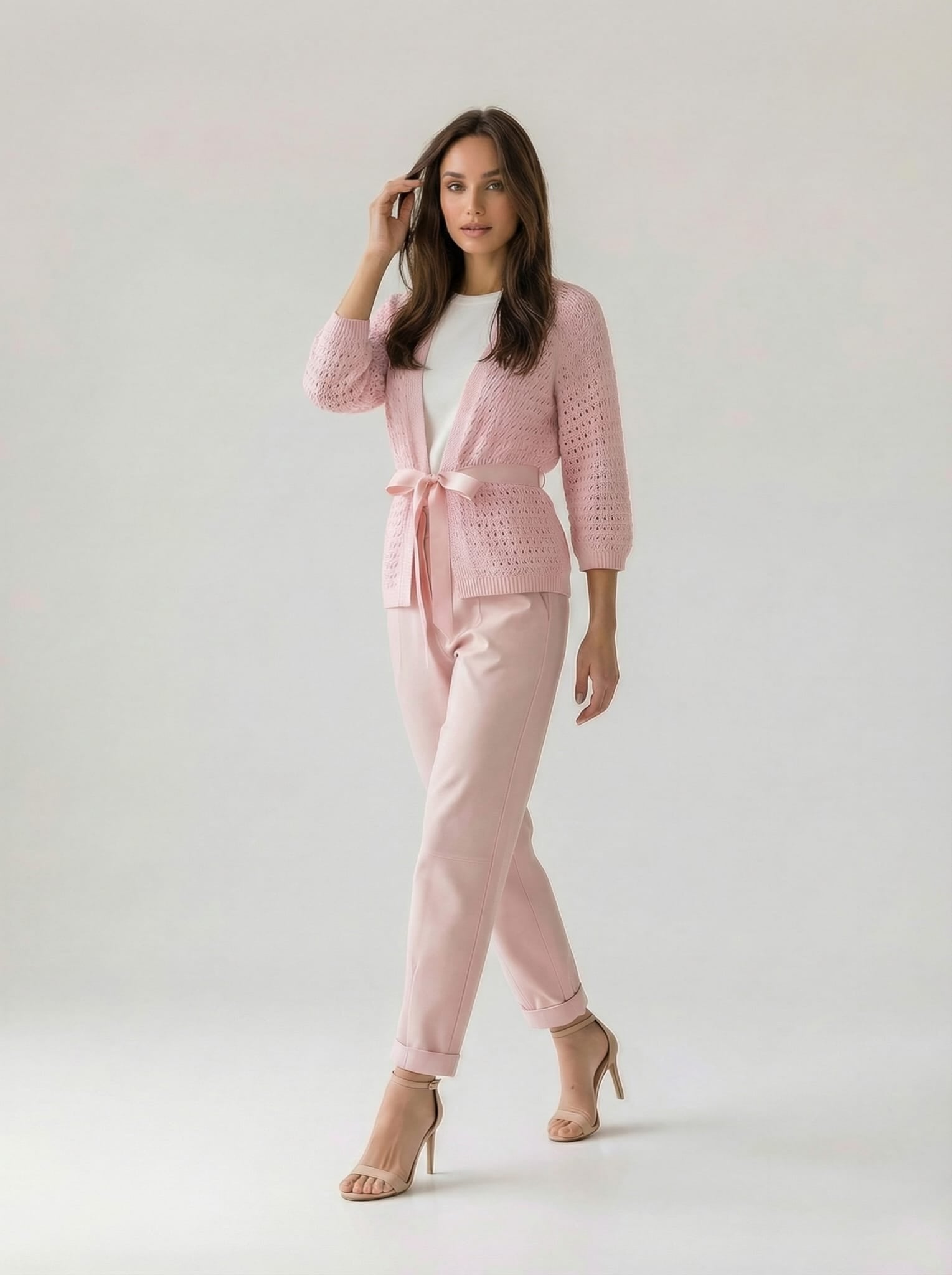 Cardigan Elara traforato con cintura- Rosa donna