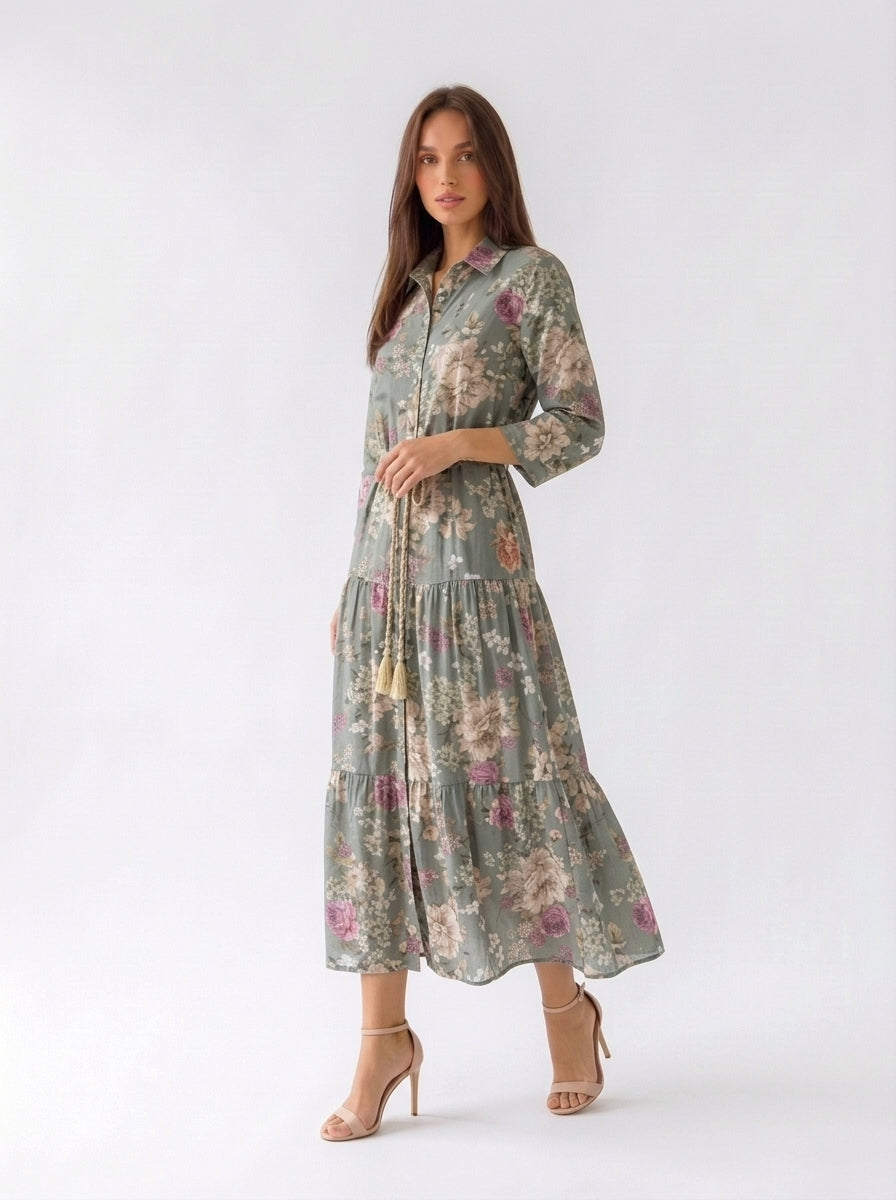 Abito Florelle chemisier in mussola - Verde militare donna