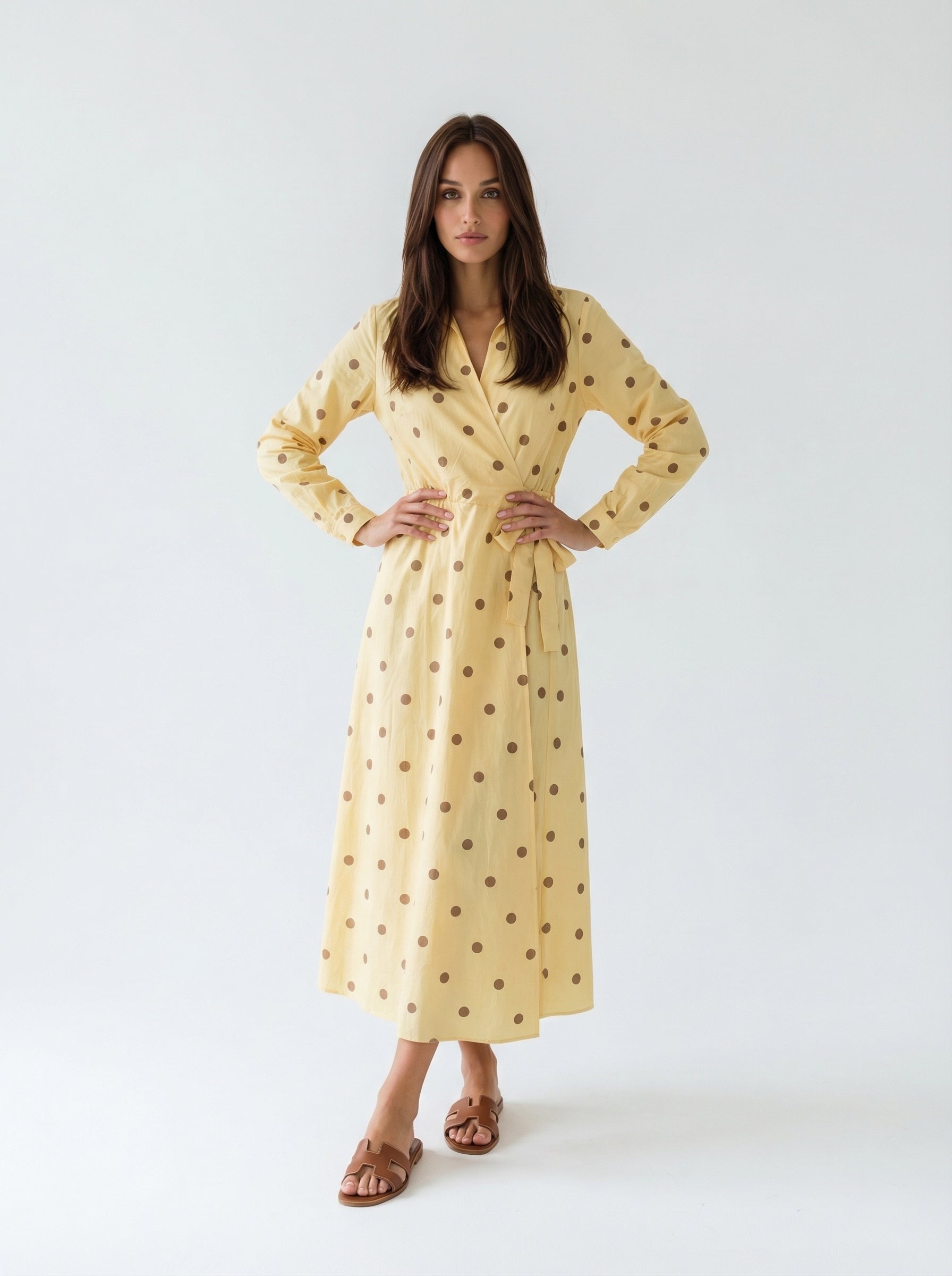 Abito Alba a pois con chiusura kimono – giallo donna