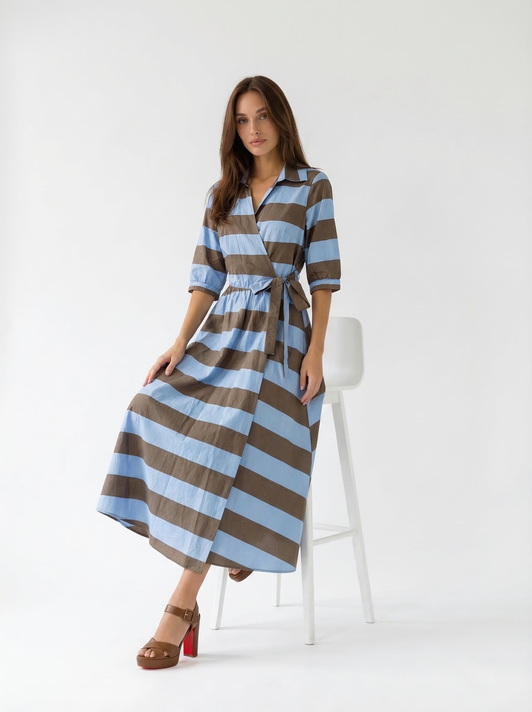 Abito Kyoto kimono a righe con cintura - azzurro e marrone donna