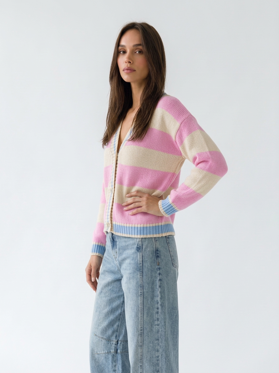 Cardigan Soleil - Rigato Rosa baby e burro donna