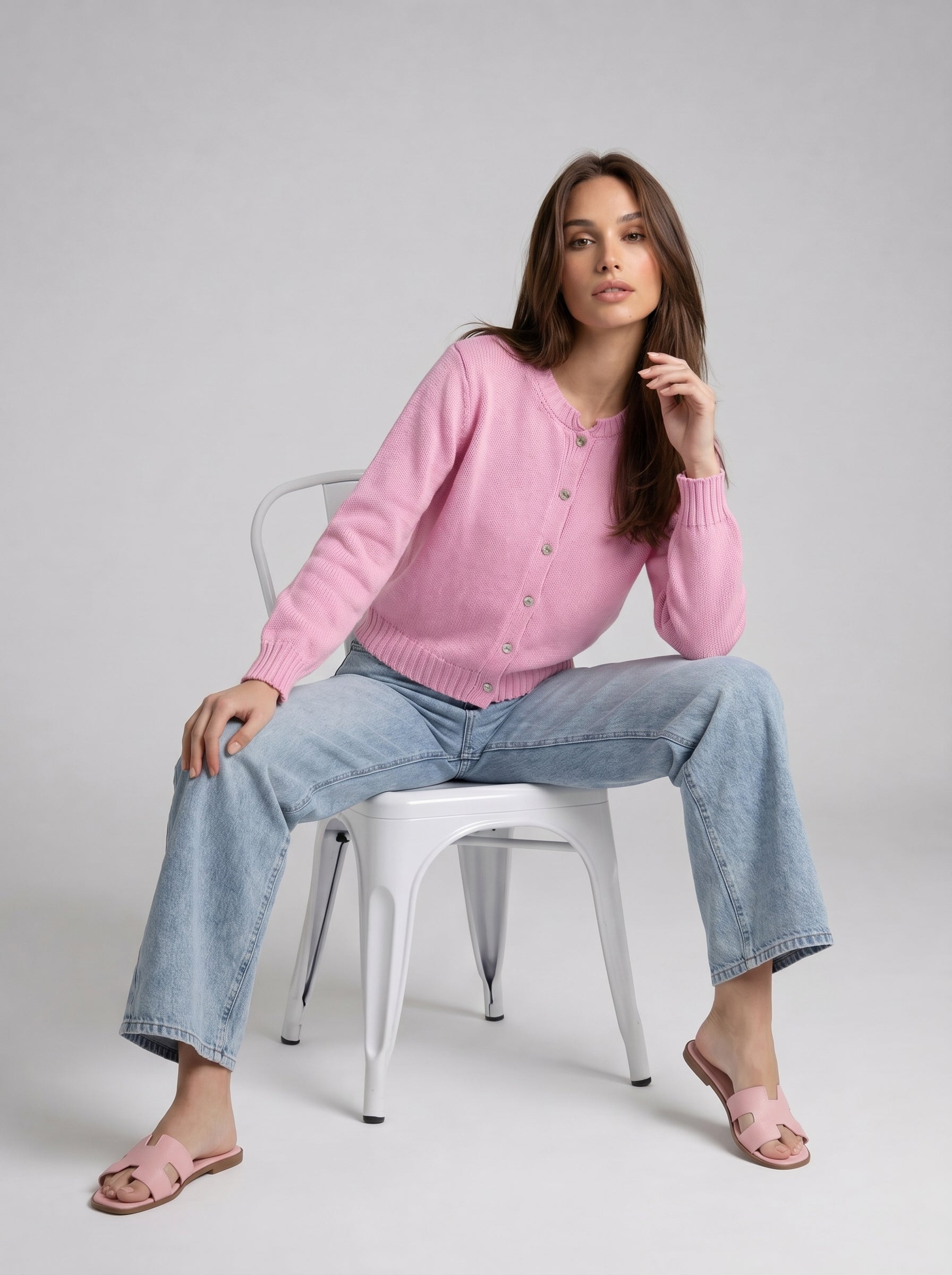 Cardigan Adele girocollo con bottoni – Rosa baby donna