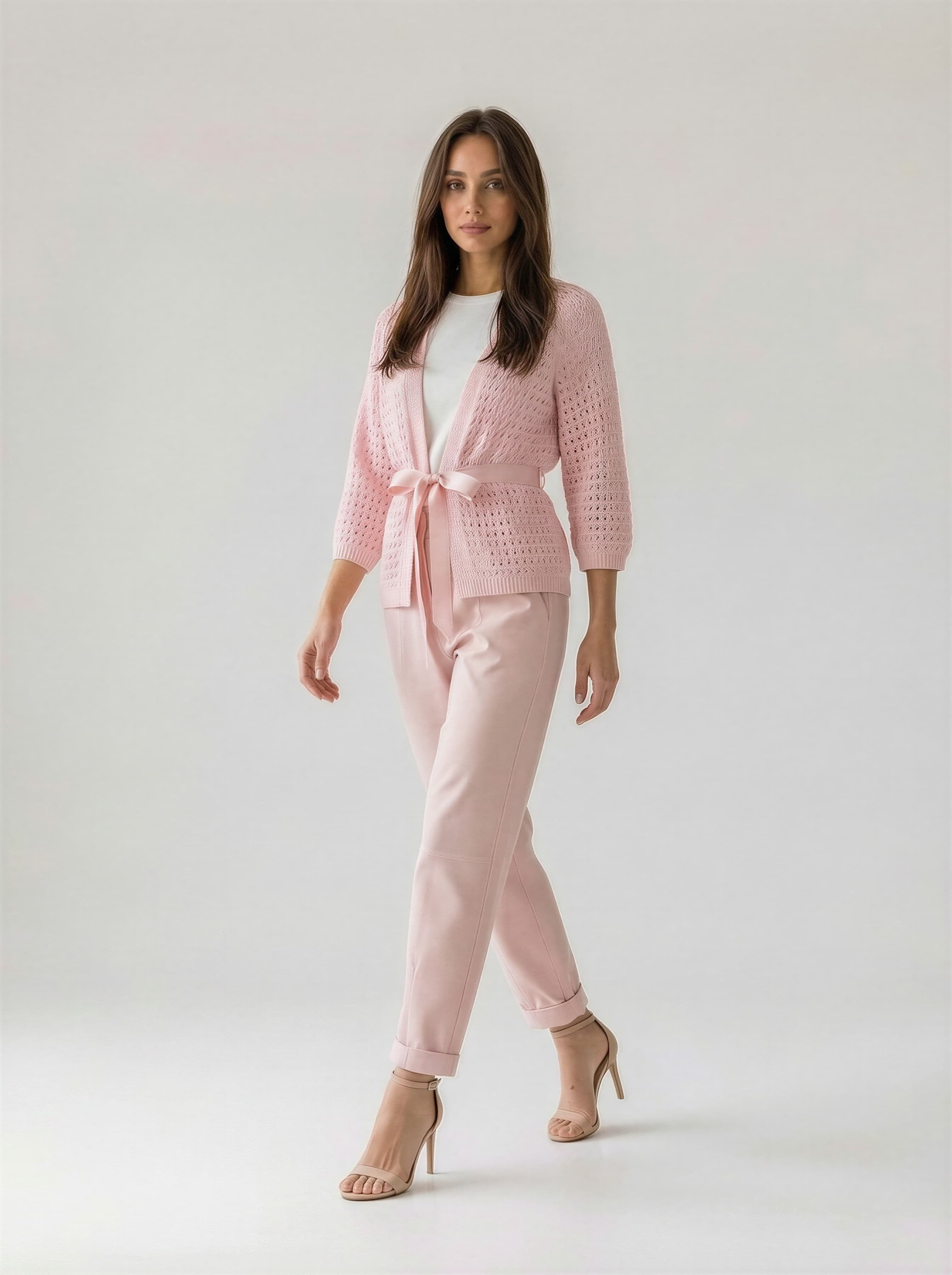 Cardigan Elara traforato con cintura- Rosa donna