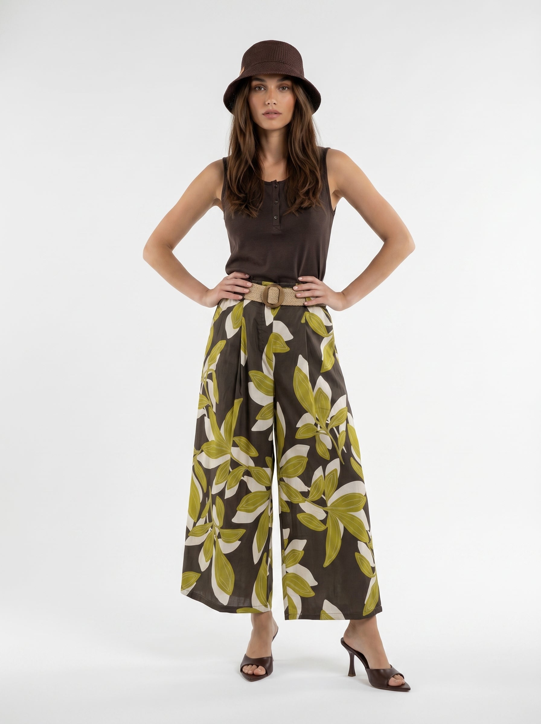 Pantalone Marbella - fantasia foliage moro e lime donna