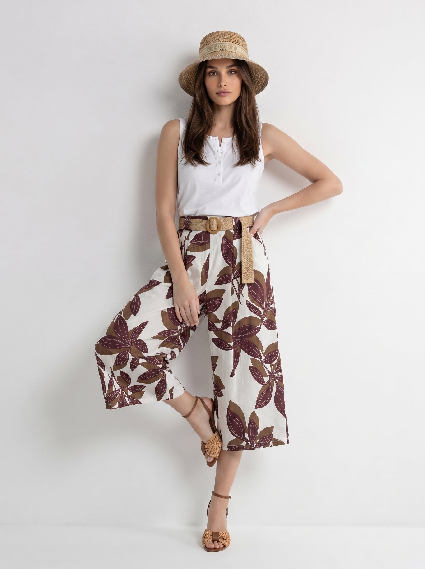 Pantalone Marbella - fantasia foliage bordeaux e beige donna