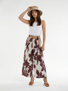 Pantalone Marbella - fantasia foliage bordeaux e beige donna