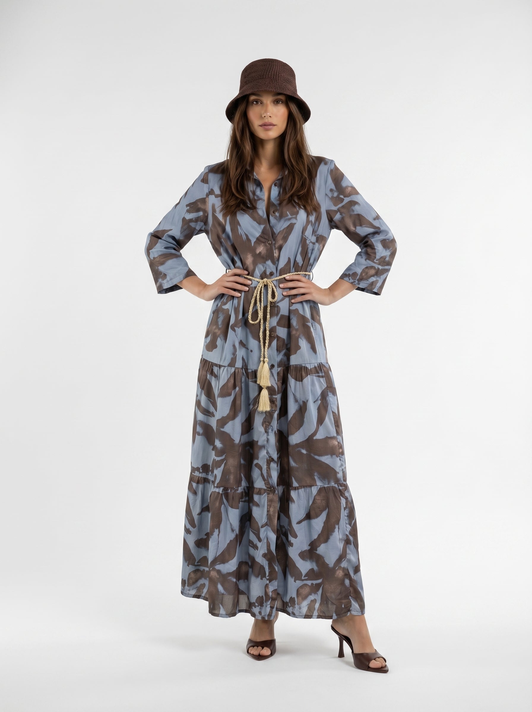 Abito Florelle chemisier in mussola - Azzurro marrone donna