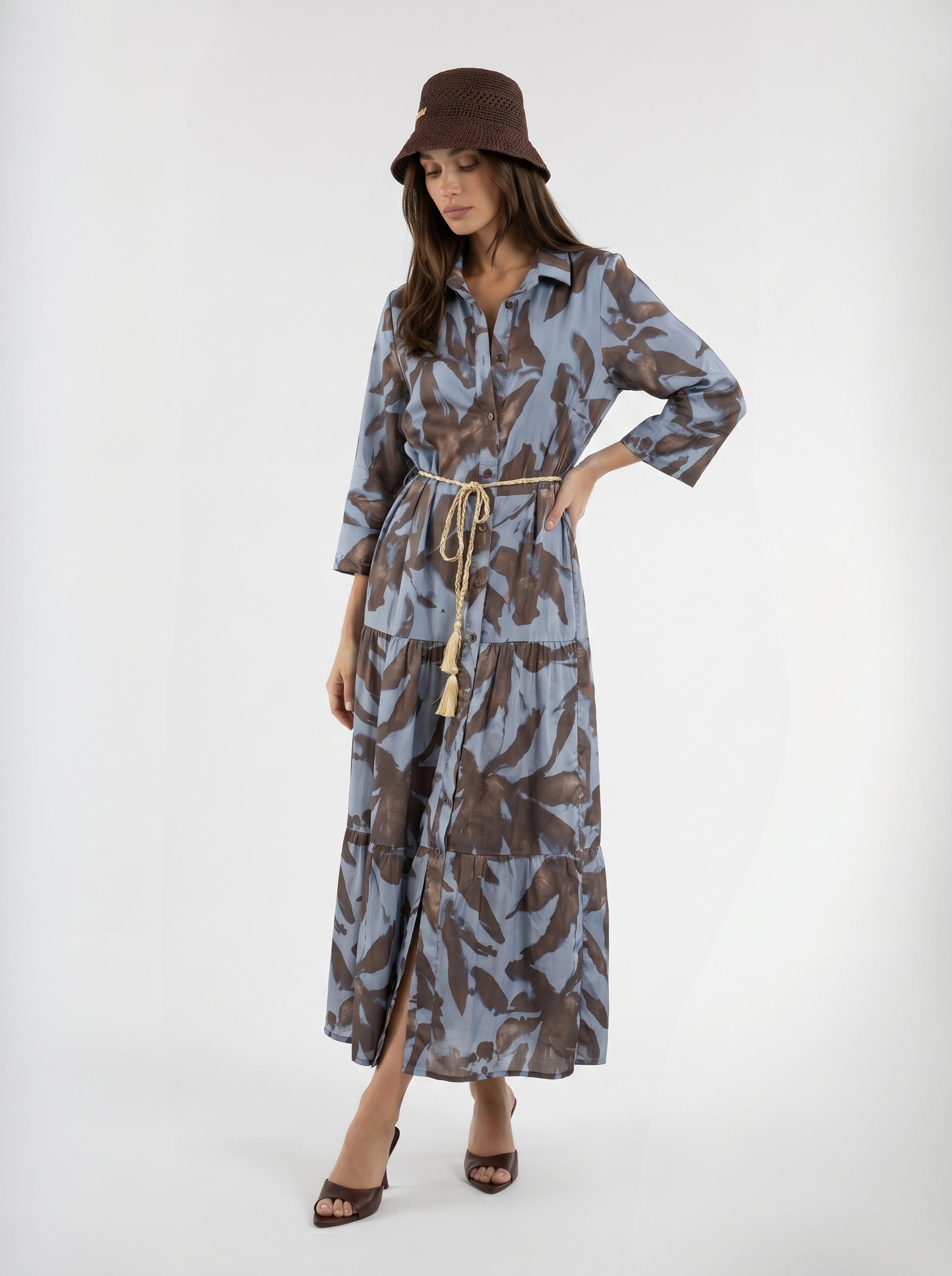 Abito Florelle chemisier in mussola - Azzurro marrone donna