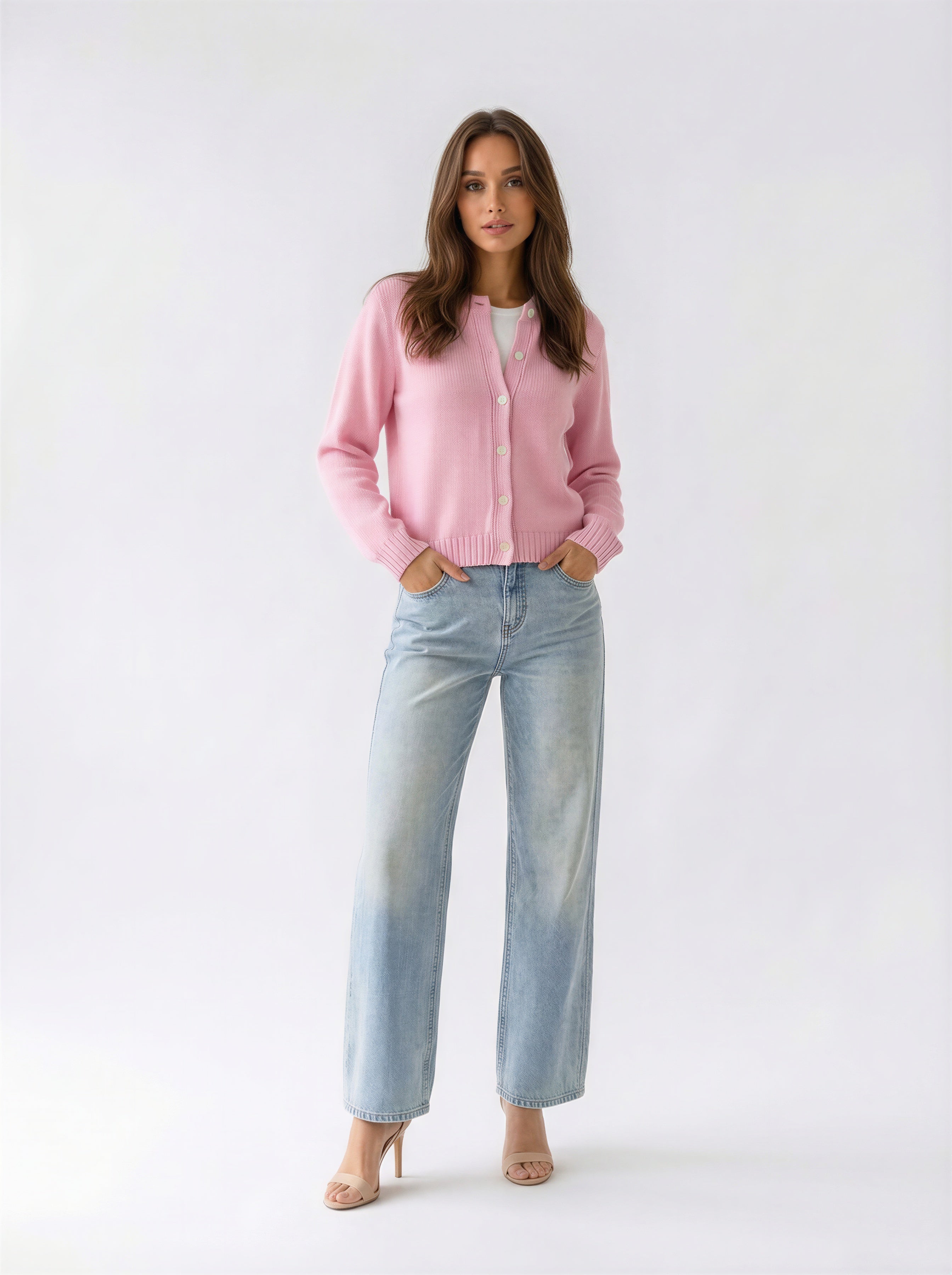 Cardigan Adele girocollo con bottoni – Rosa baby donna